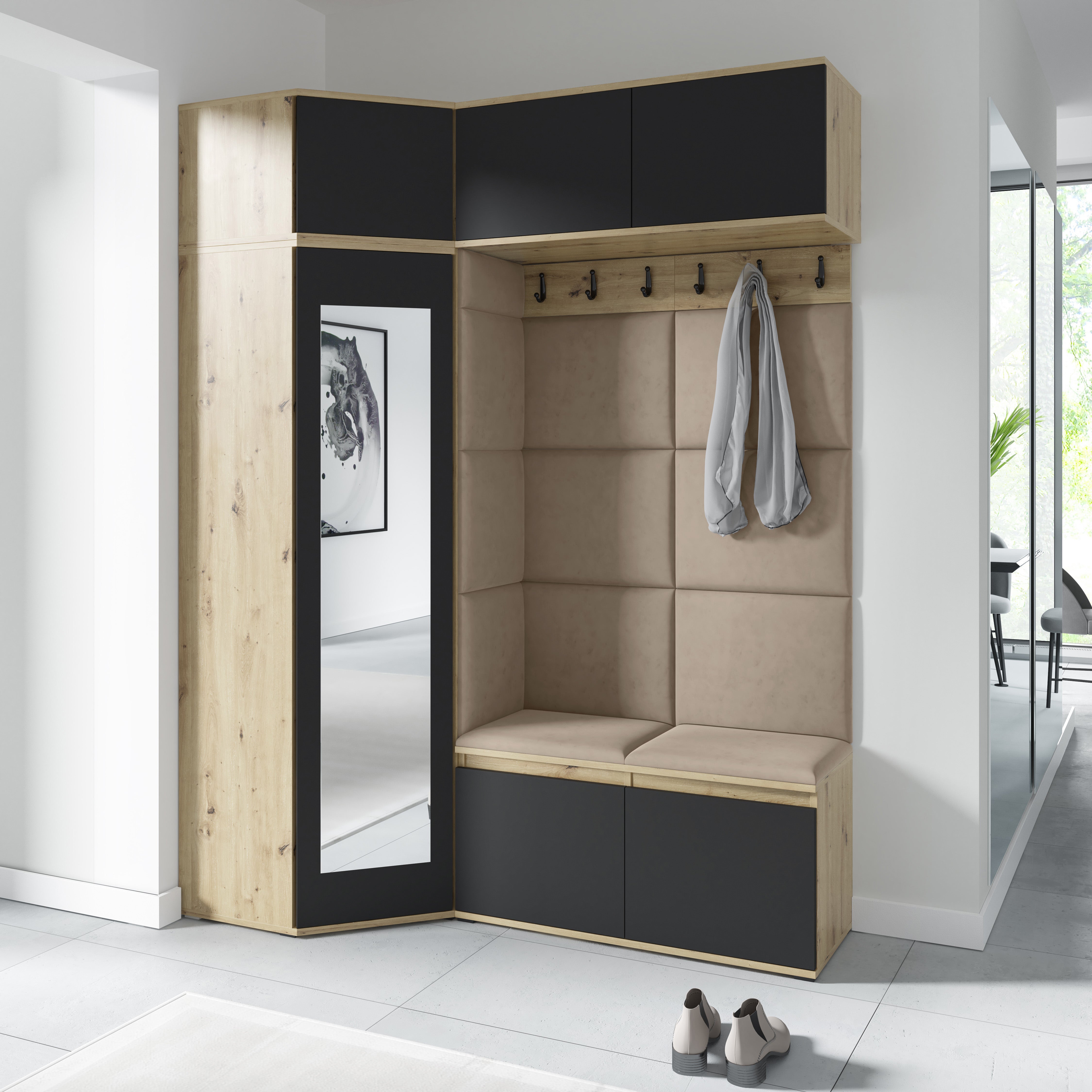 Emi 38 Hallway Wardrobe Set with Upholstered Panels – Artisan Oak / Black
