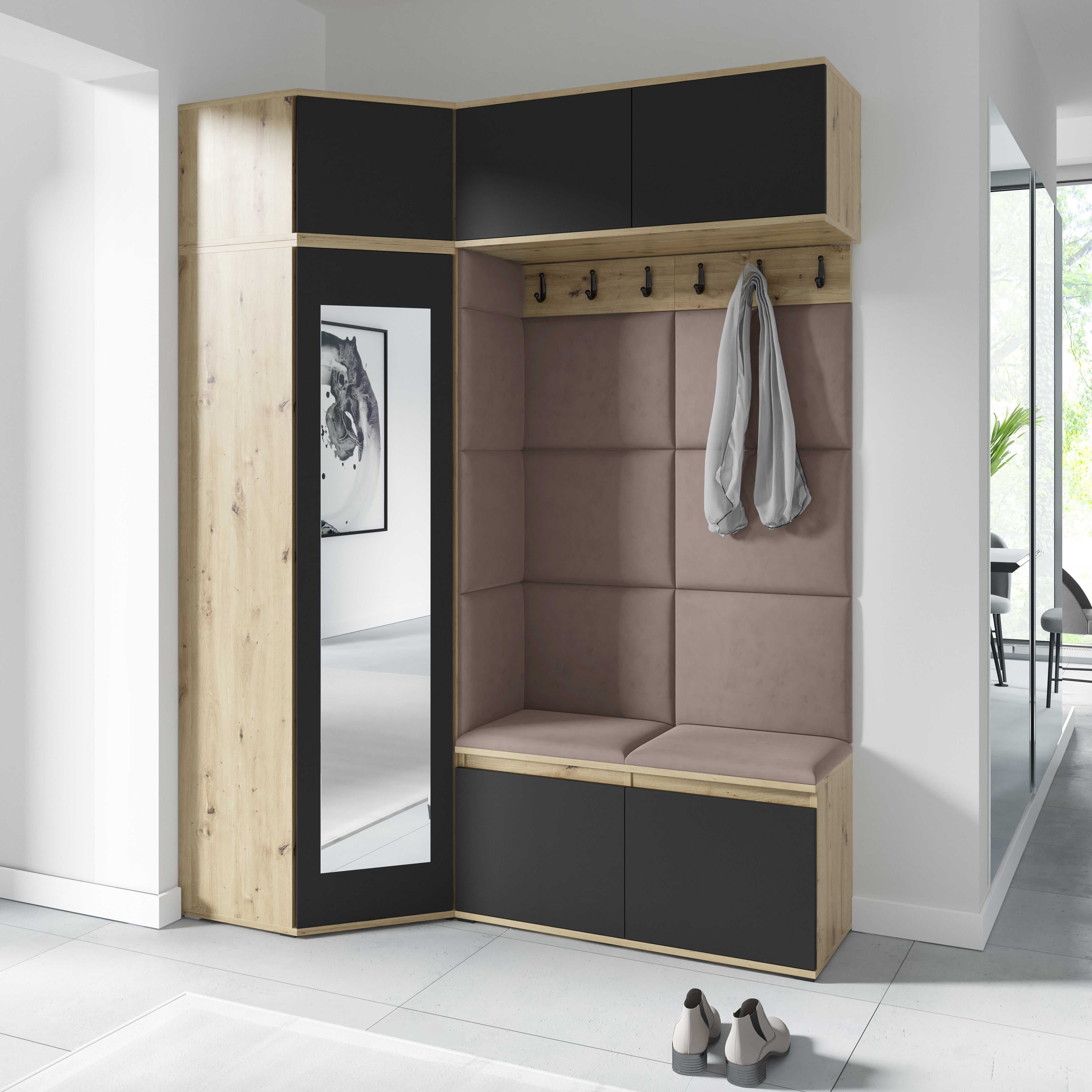 Emi 38 Hallway Wardrobe Set with Upholstered Panels – Artisan Oak / Black
