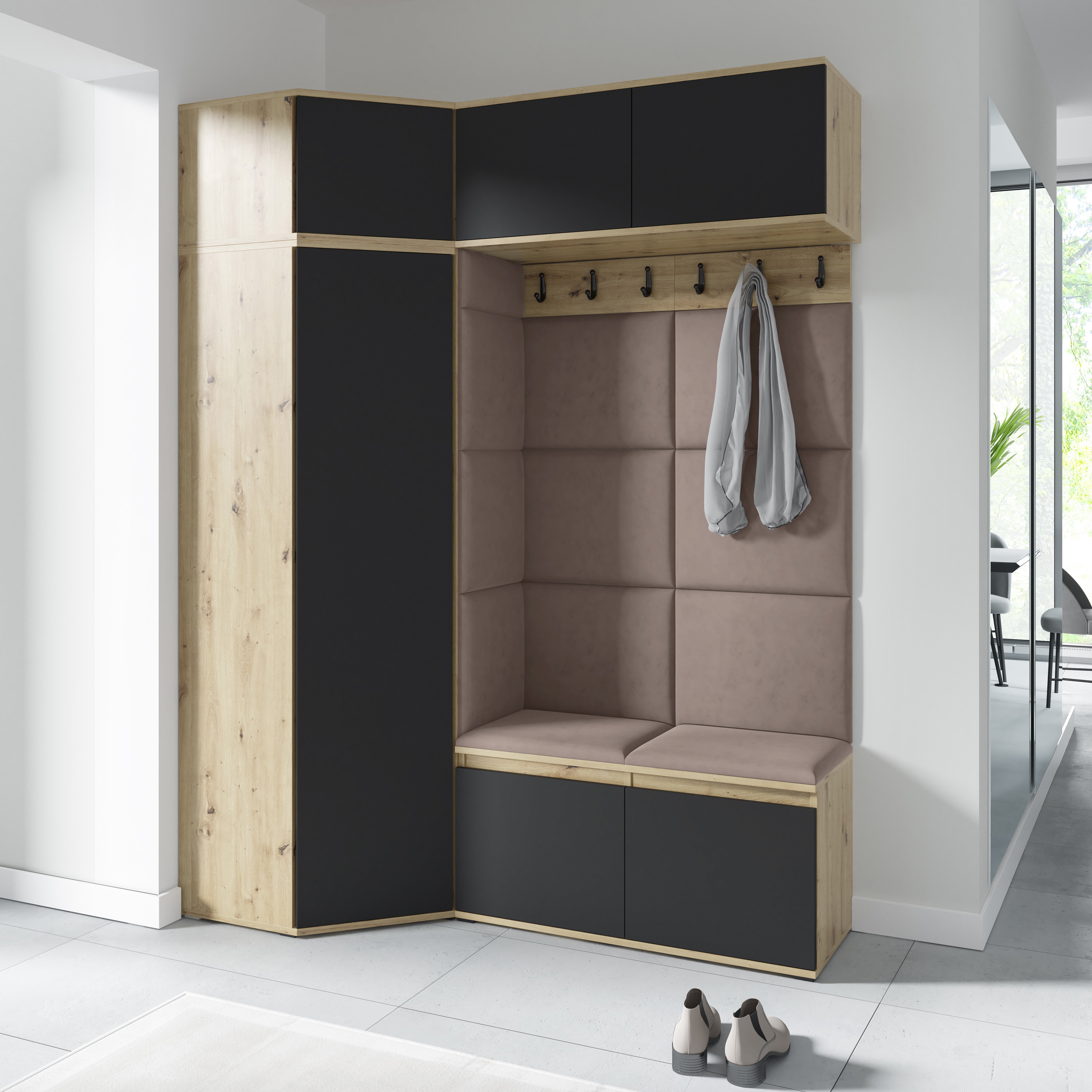 Emi 38 Hallway Wardrobe Set with Upholstered Panels – Artisan Oak / Black