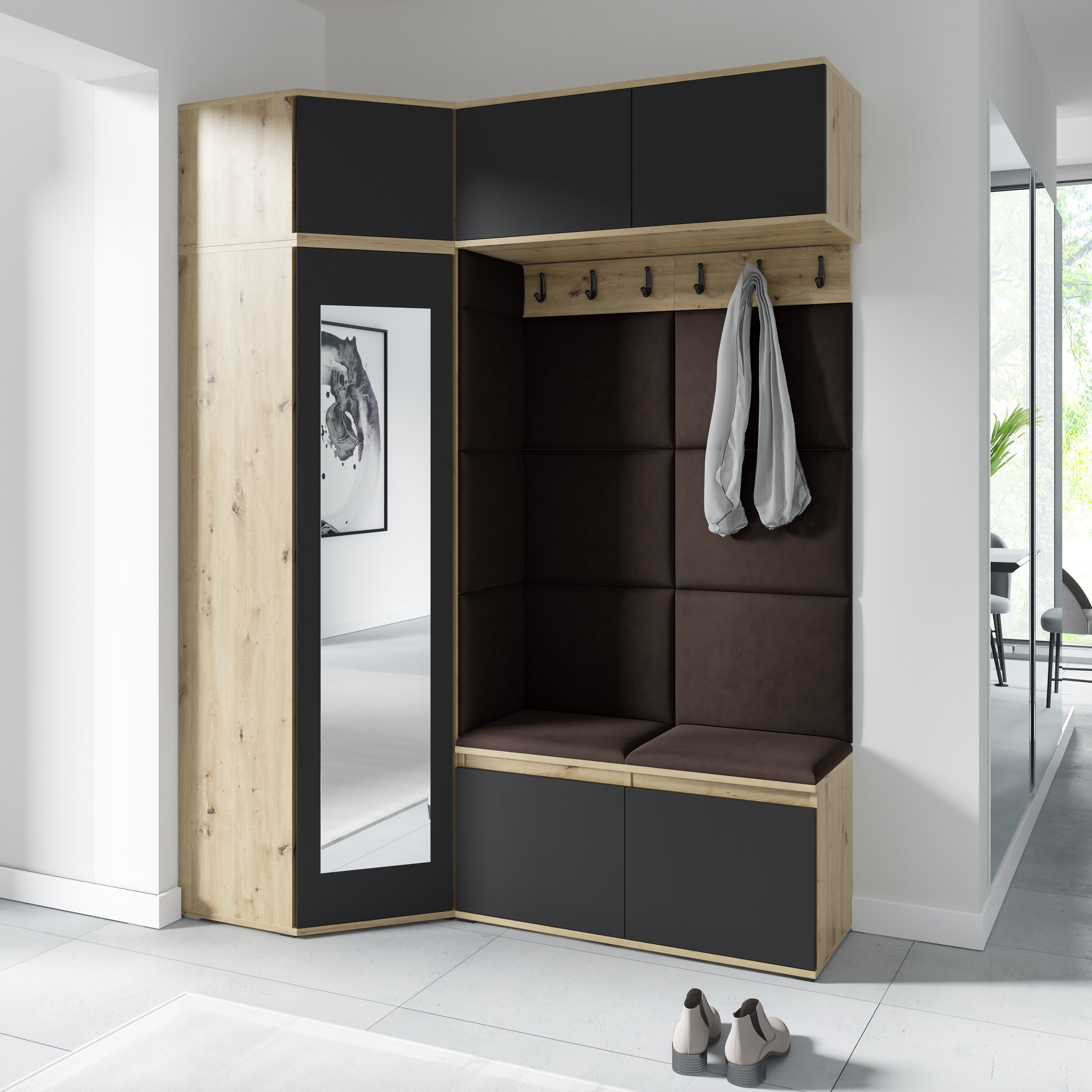 Emi 38 Hallway Wardrobe Set with Upholstered Panels – Artisan Oak / Black