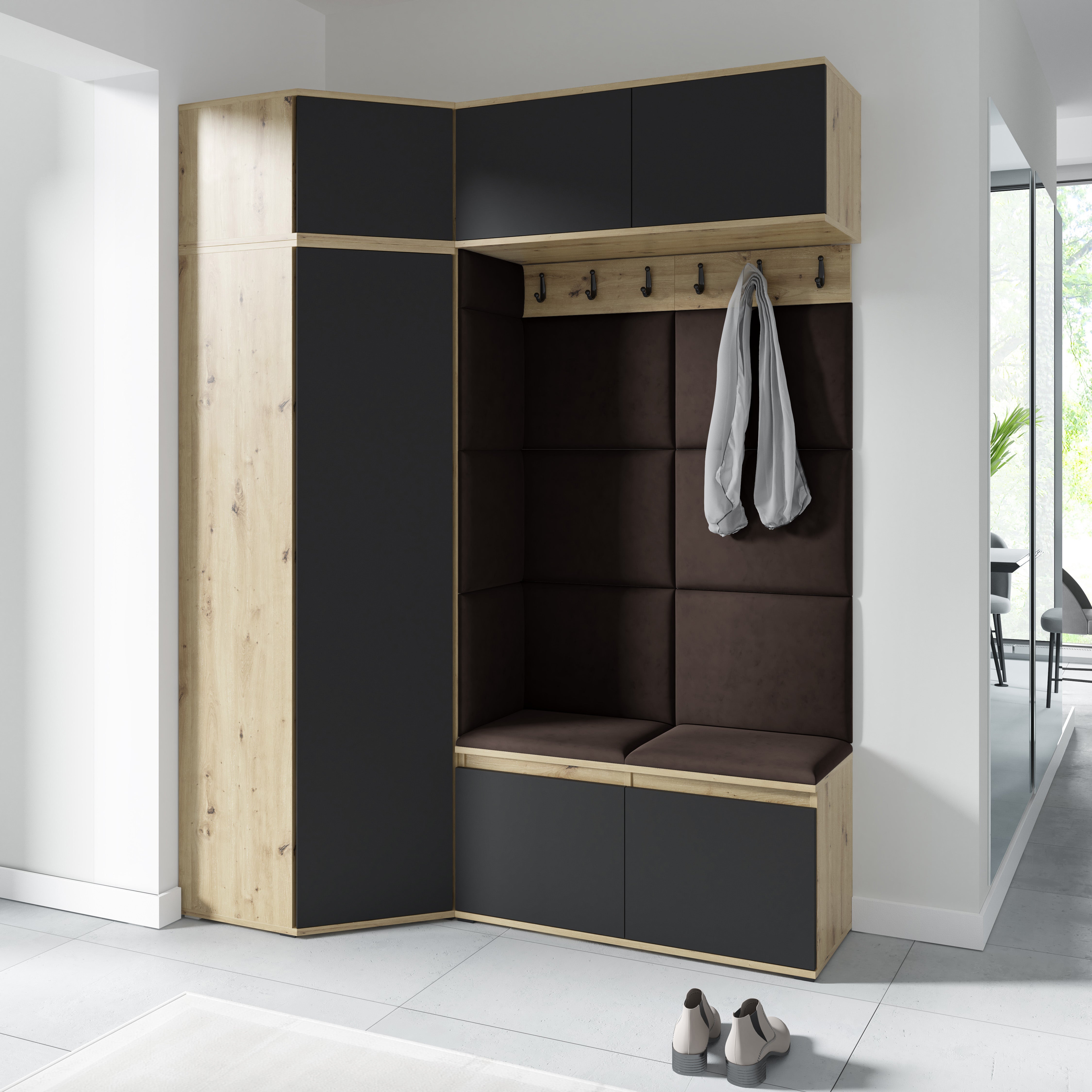 Emi 38 Hallway Wardrobe Set with Upholstered Panels – Artisan Oak / Black