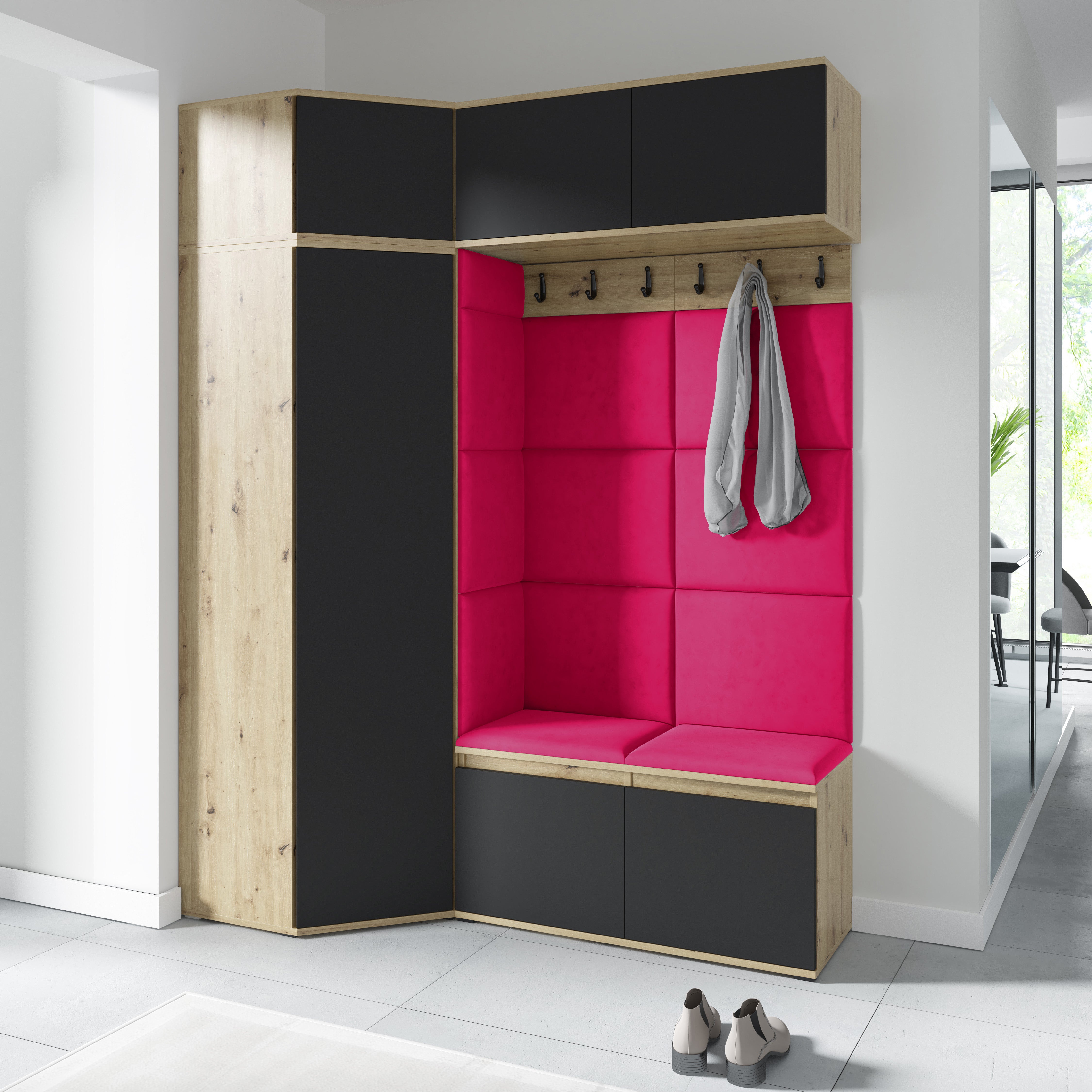Emi 38 Hallway Wardrobe Set with Upholstered Panels – Artisan Oak / Black
