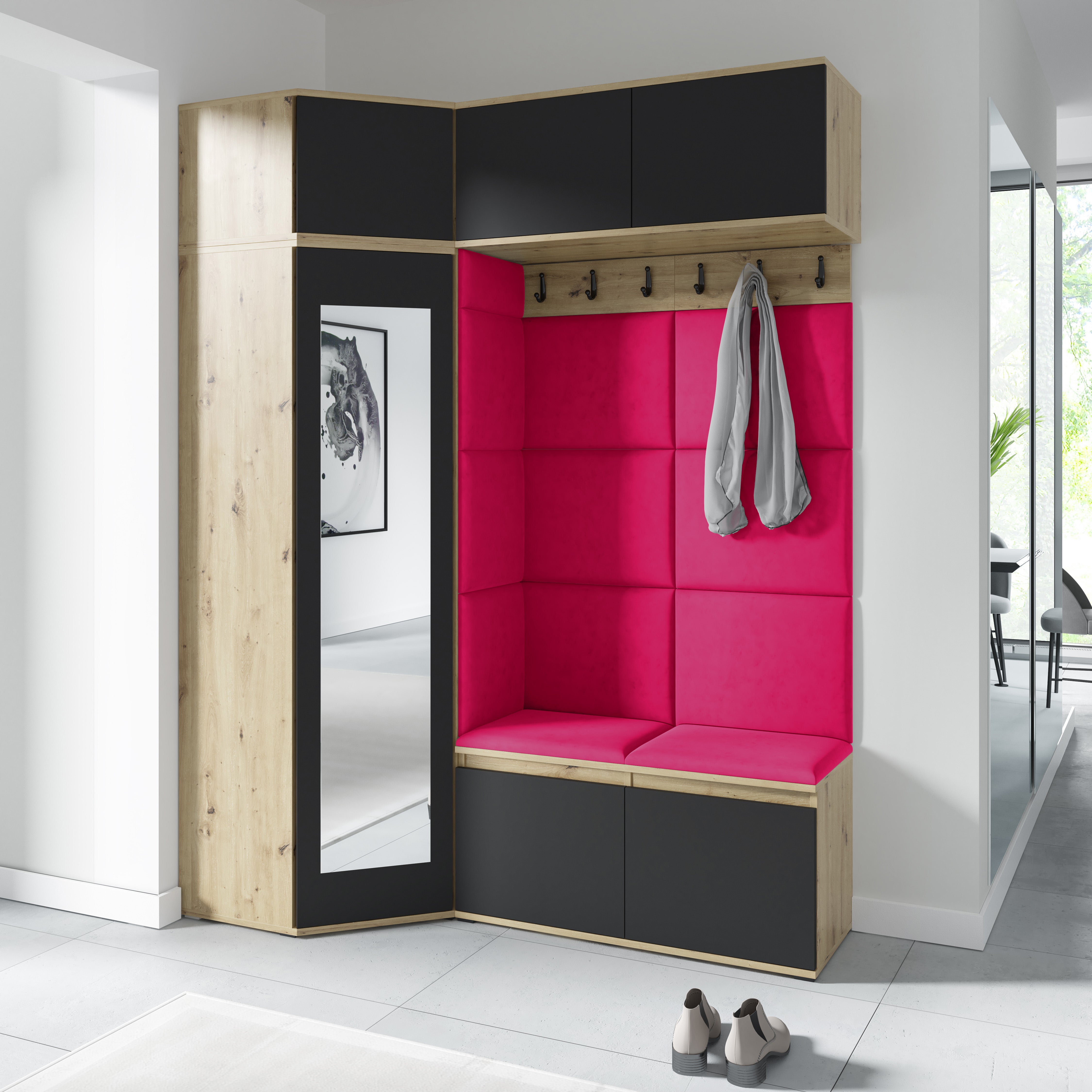 Emi 38 Hallway Wardrobe Set with Upholstered Panels – Artisan Oak / Black