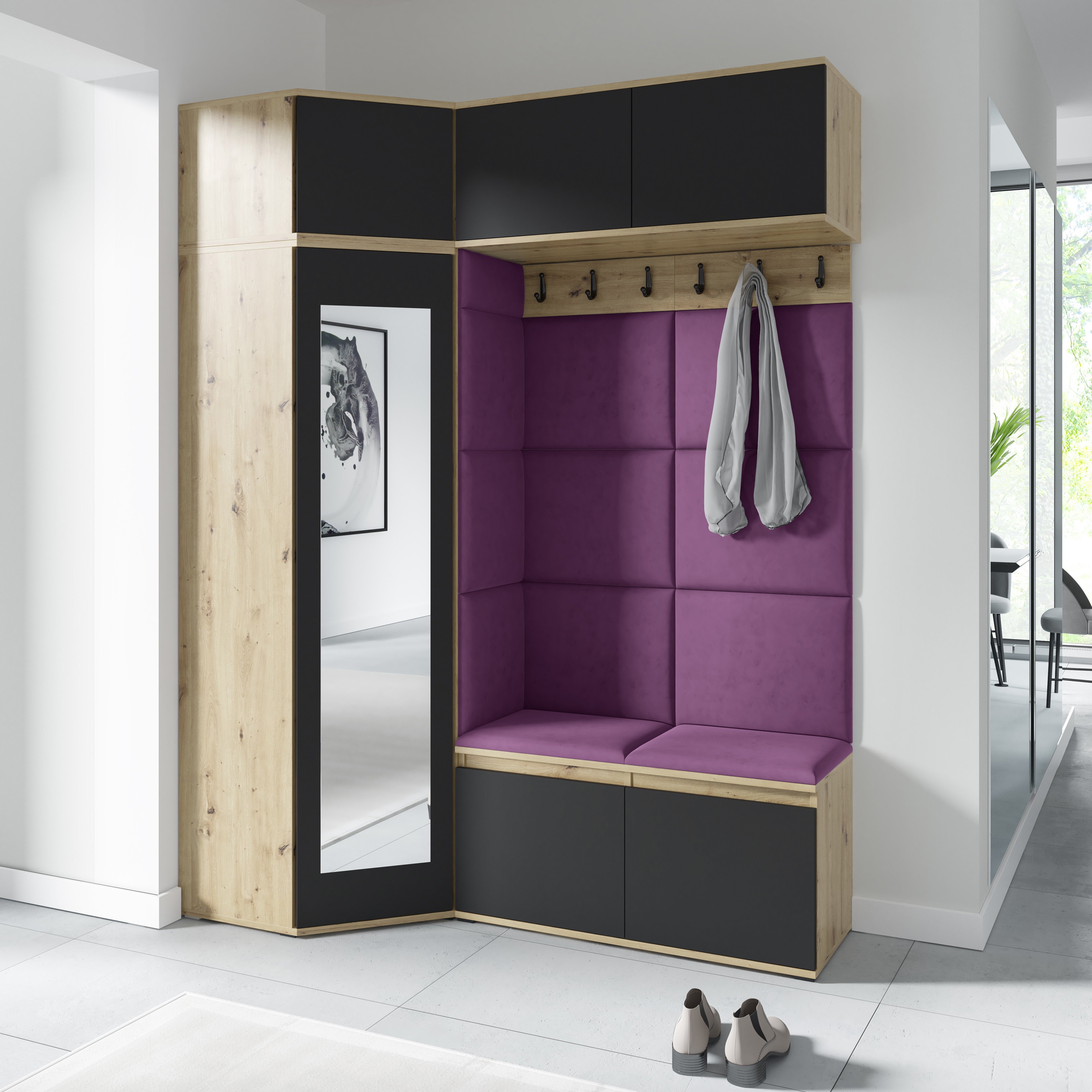 Emi 38 Hallway Wardrobe Set with Upholstered Panels – Artisan Oak / Black