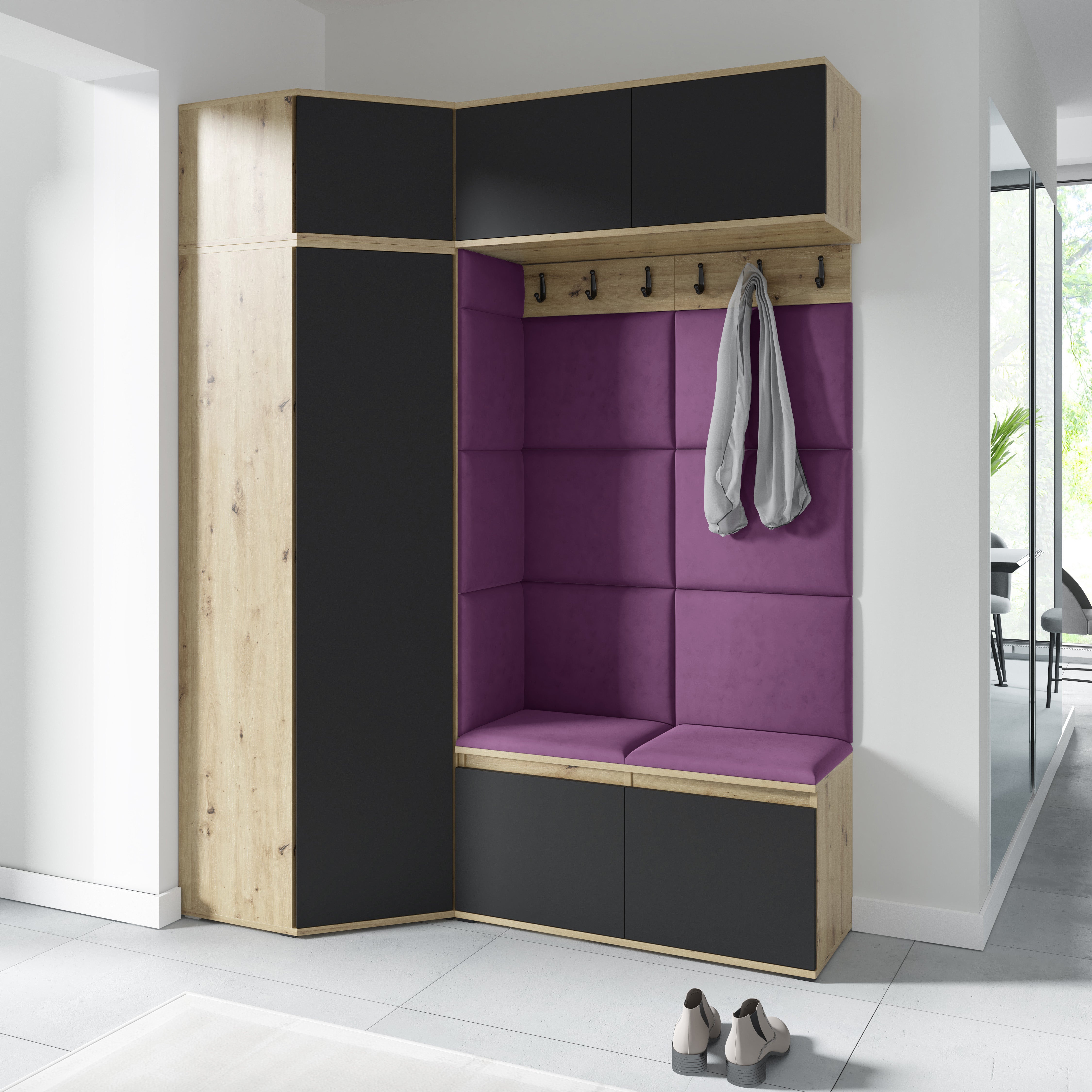 Emi 38 Hallway Wardrobe Set with Upholstered Panels – Artisan Oak / Black