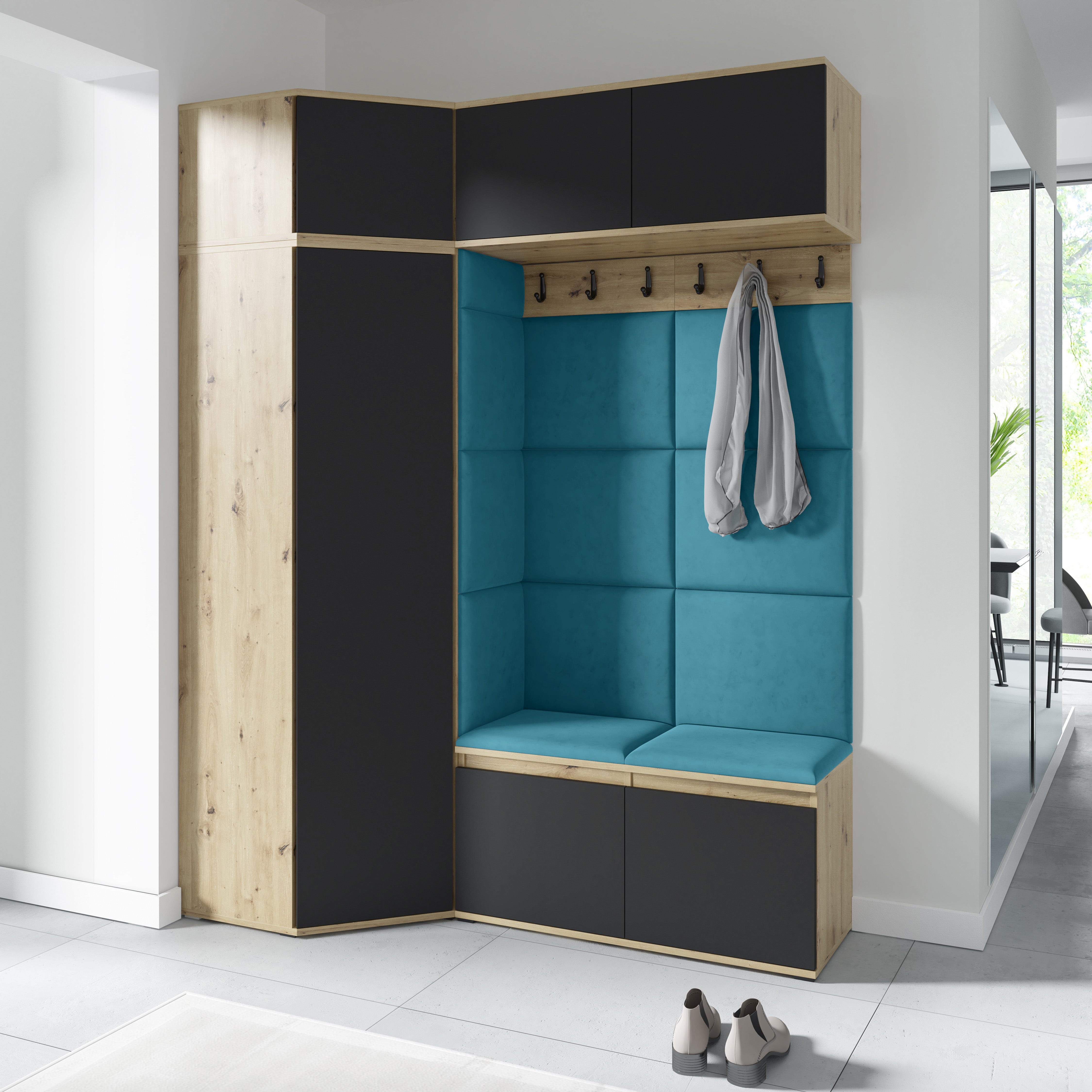 Emi 38 Hallway Wardrobe Set with Upholstered Panels – Artisan Oak / Black