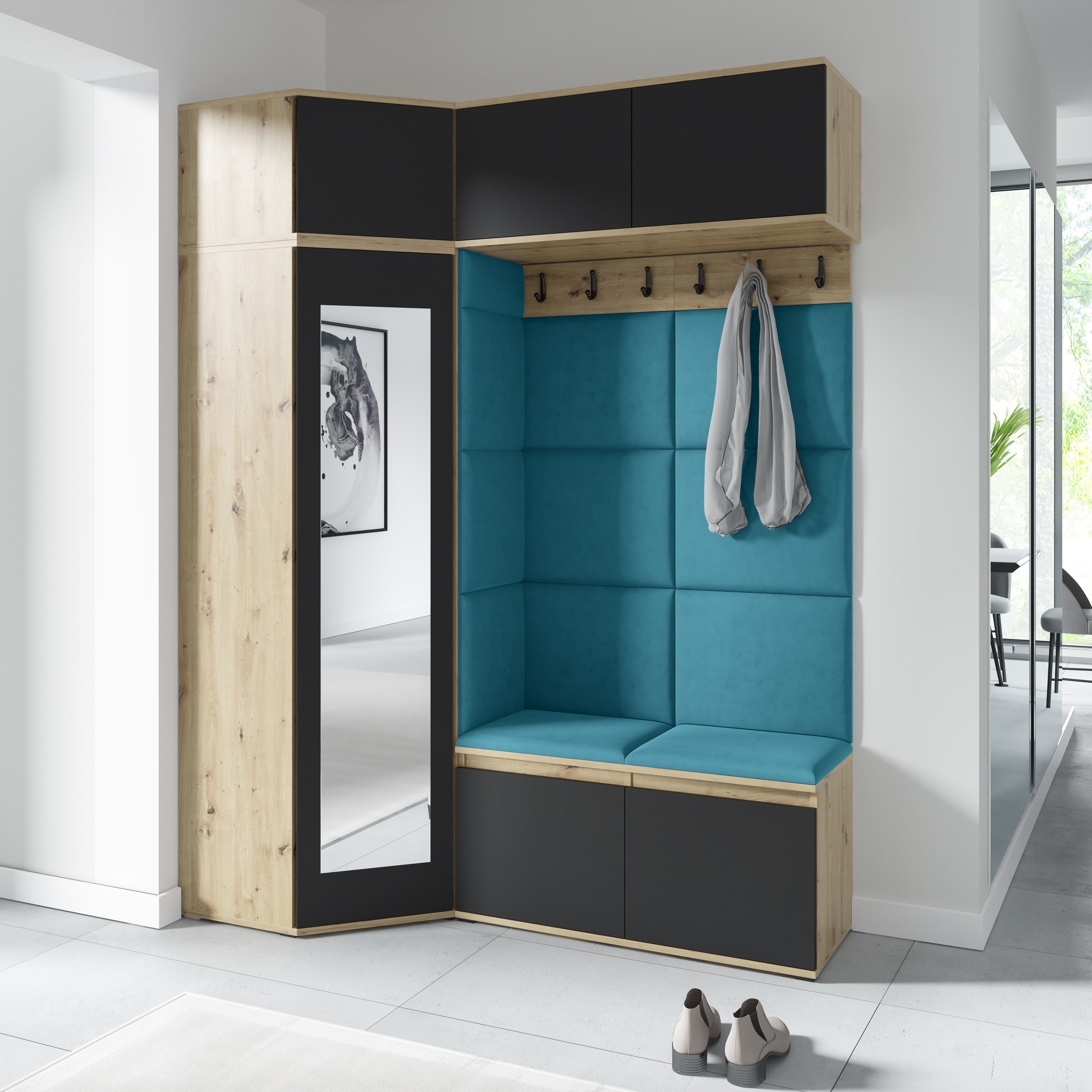 Emi 38 Hallway Wardrobe Set with Upholstered Panels – Artisan Oak / Black