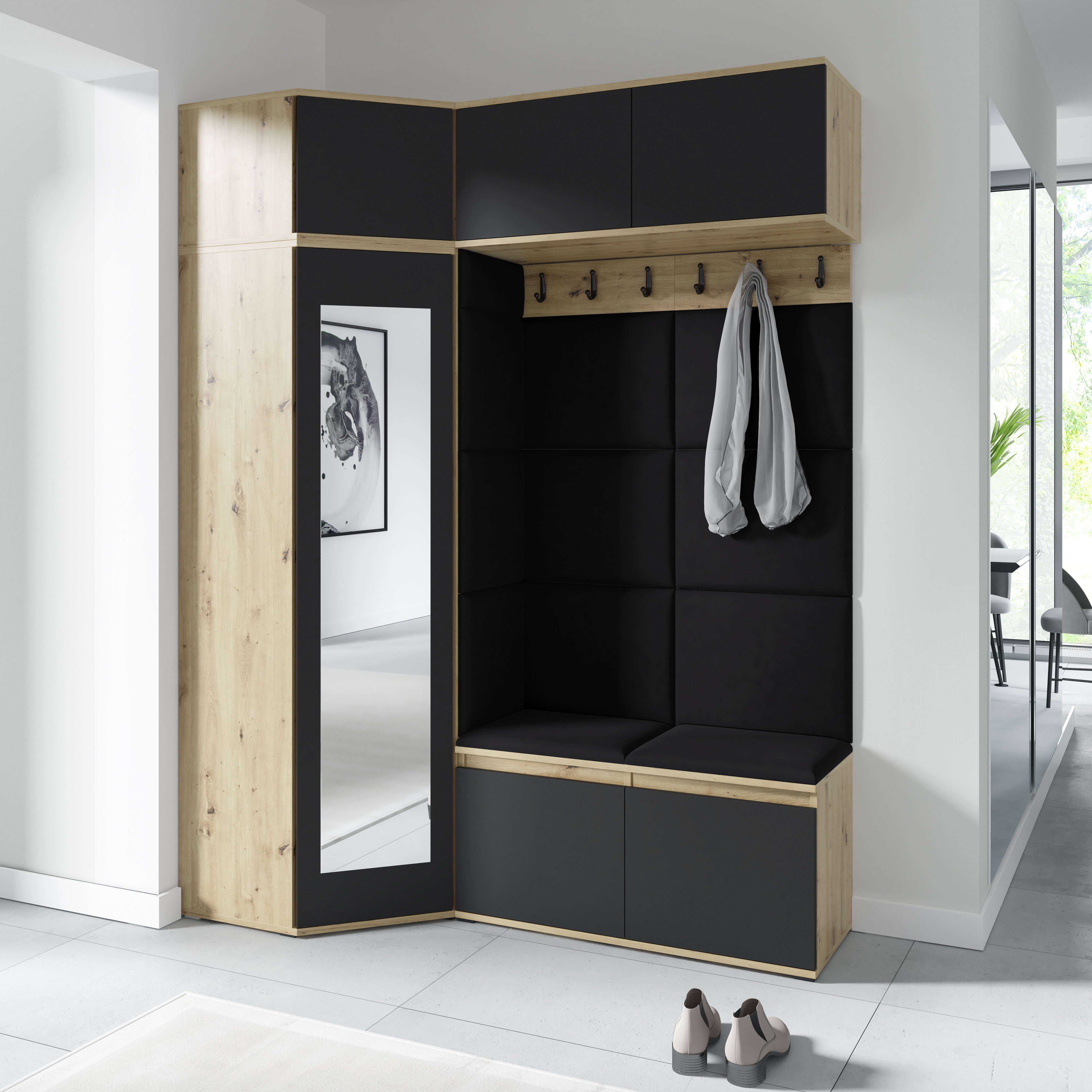Emi 38 Hallway Wardrobe Set with Upholstered Panels – Artisan Oak / Black