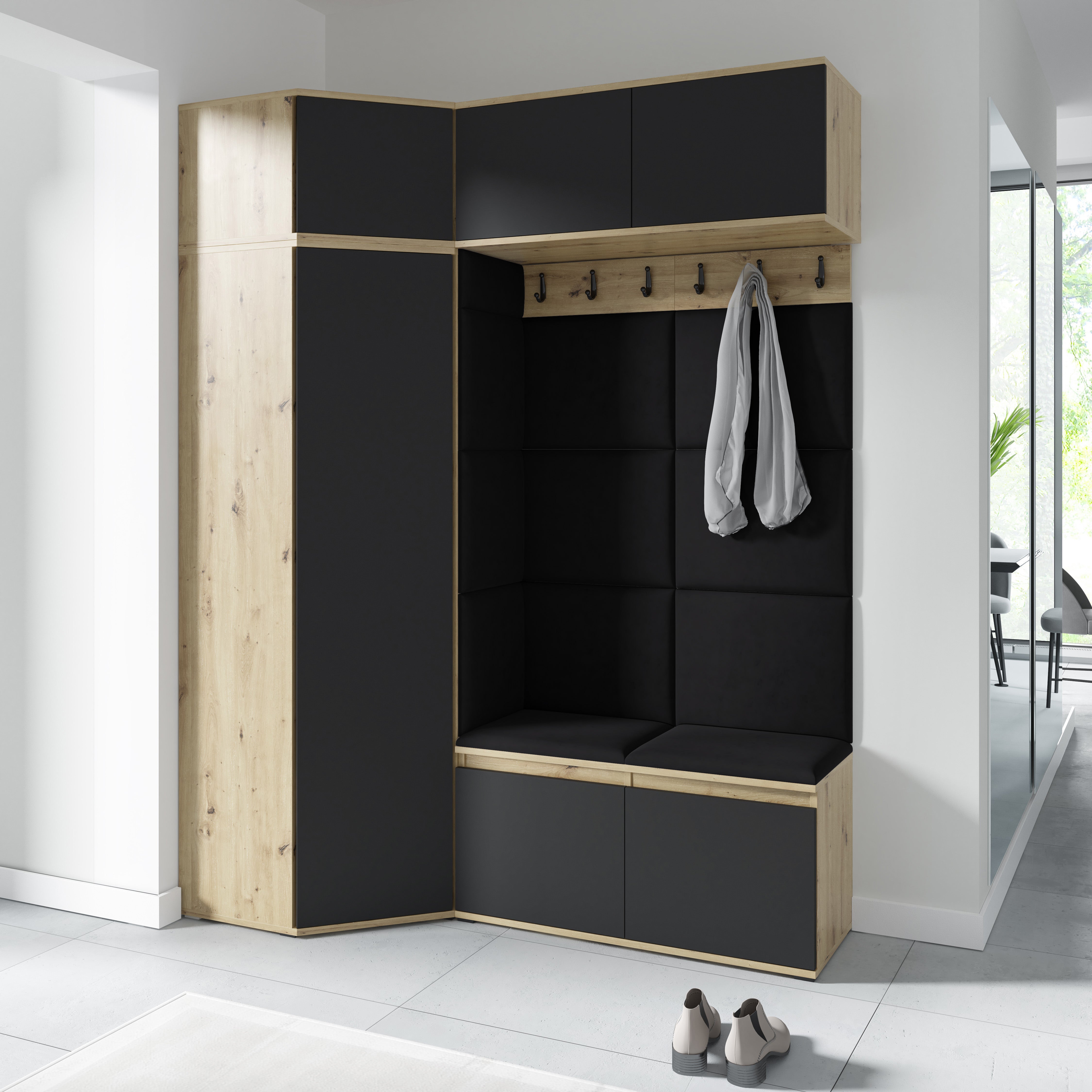 Emi 38 Hallway Wardrobe Set with Upholstered Panels – Artisan Oak / Black