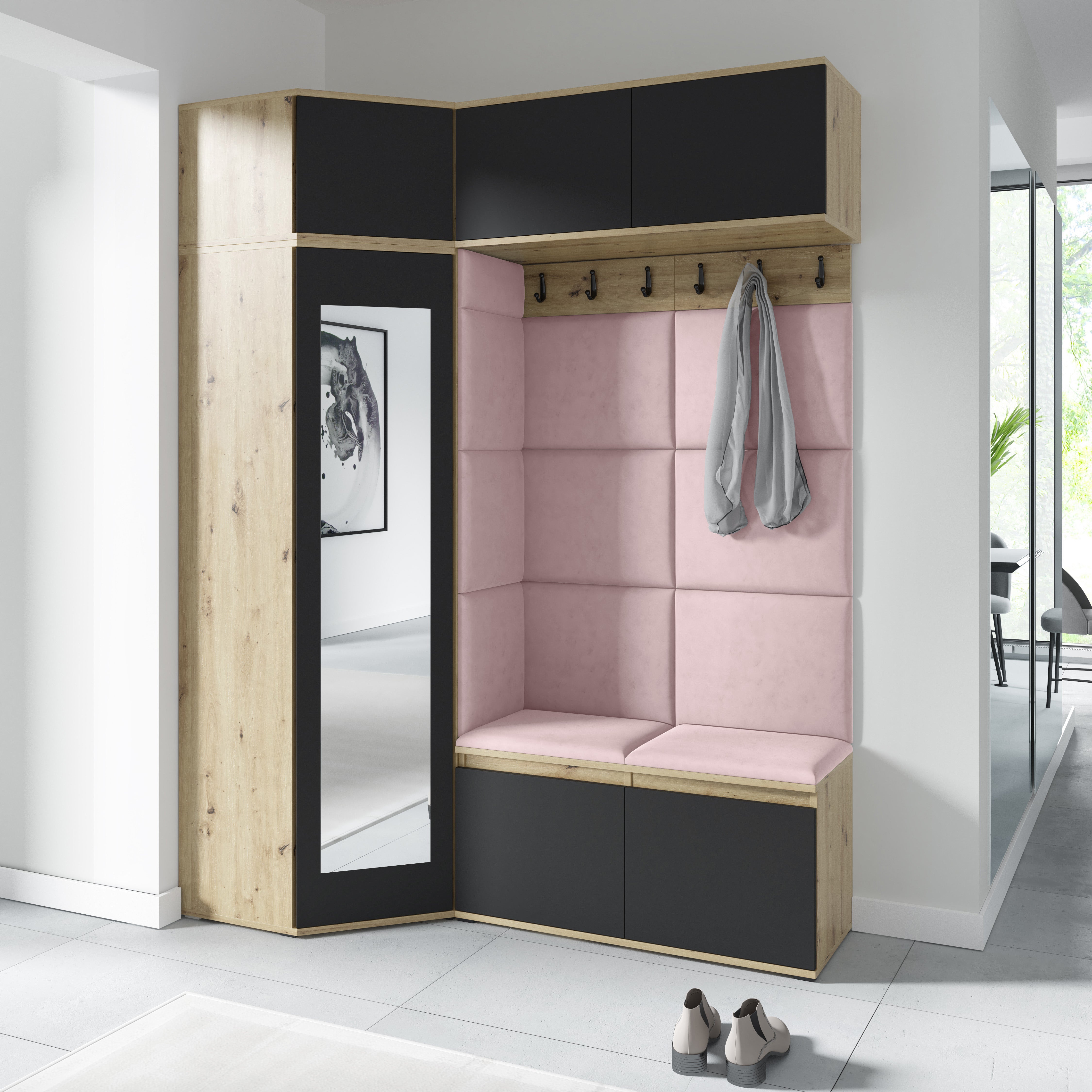 Emi 38 Hallway Wardrobe Set with Upholstered Panels – Artisan Oak / Black