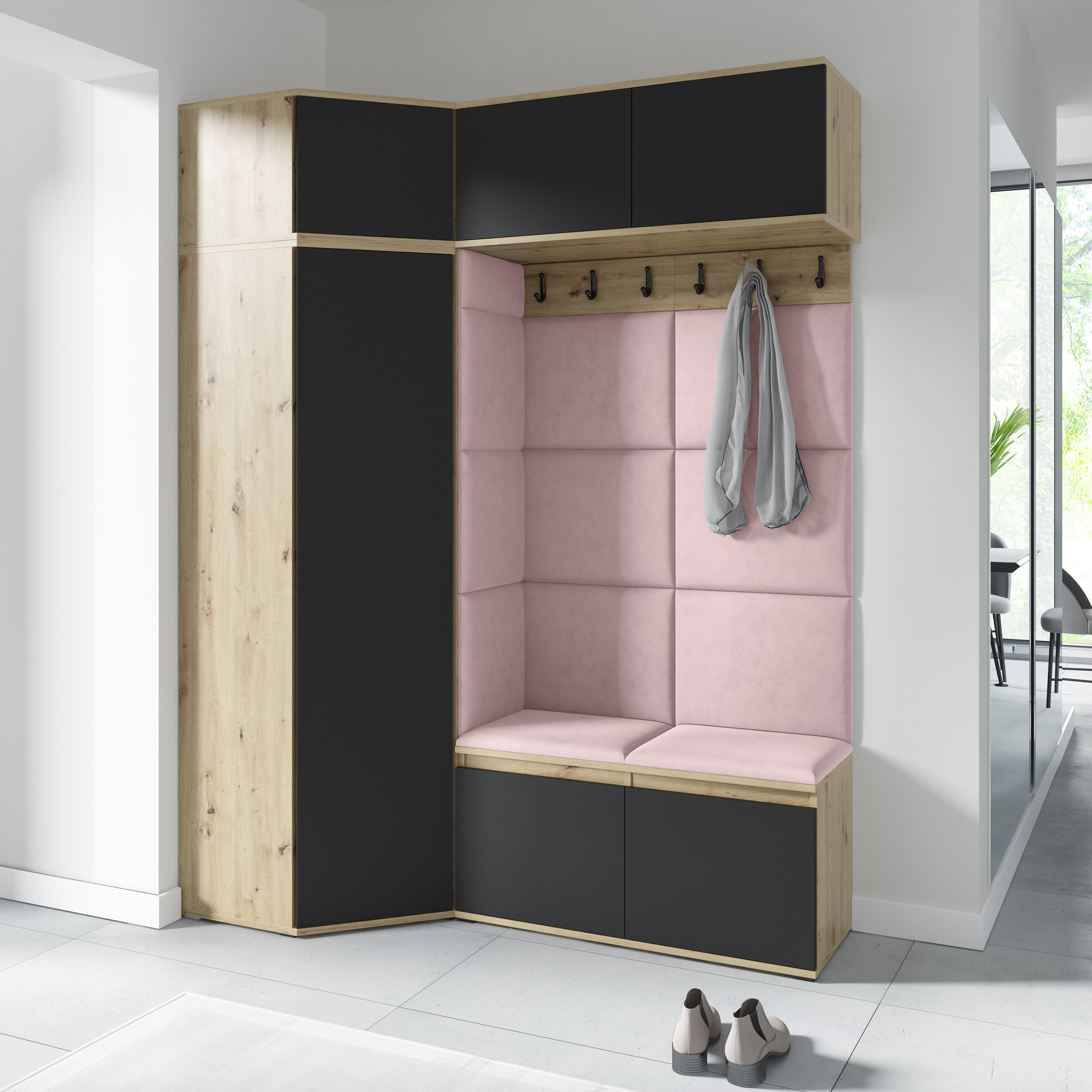 Emi 38 Hallway Wardrobe Set with Upholstered Panels – Artisan Oak / Black