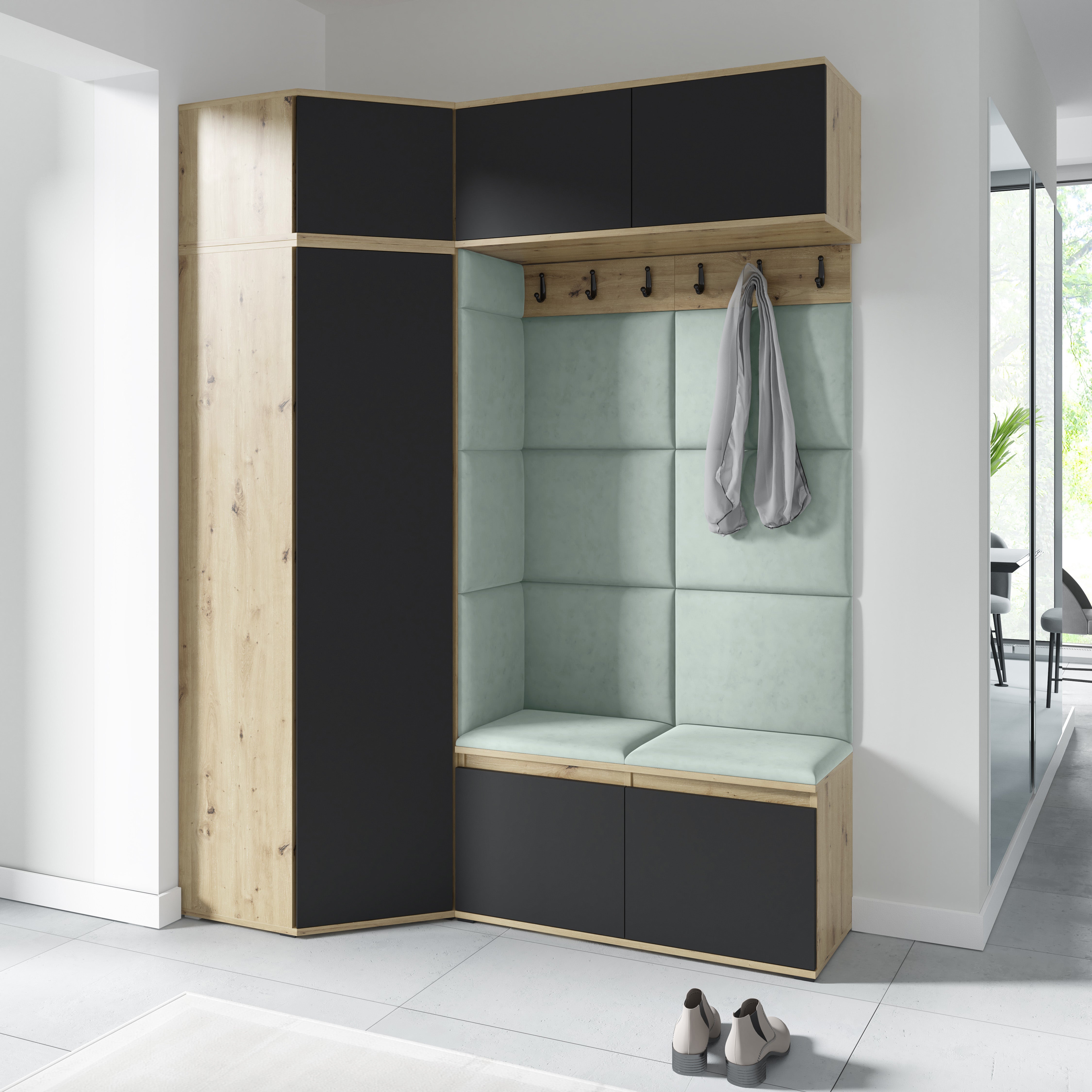 Emi 38 Hallway Wardrobe Set with Upholstered Panels – Artisan Oak / Black