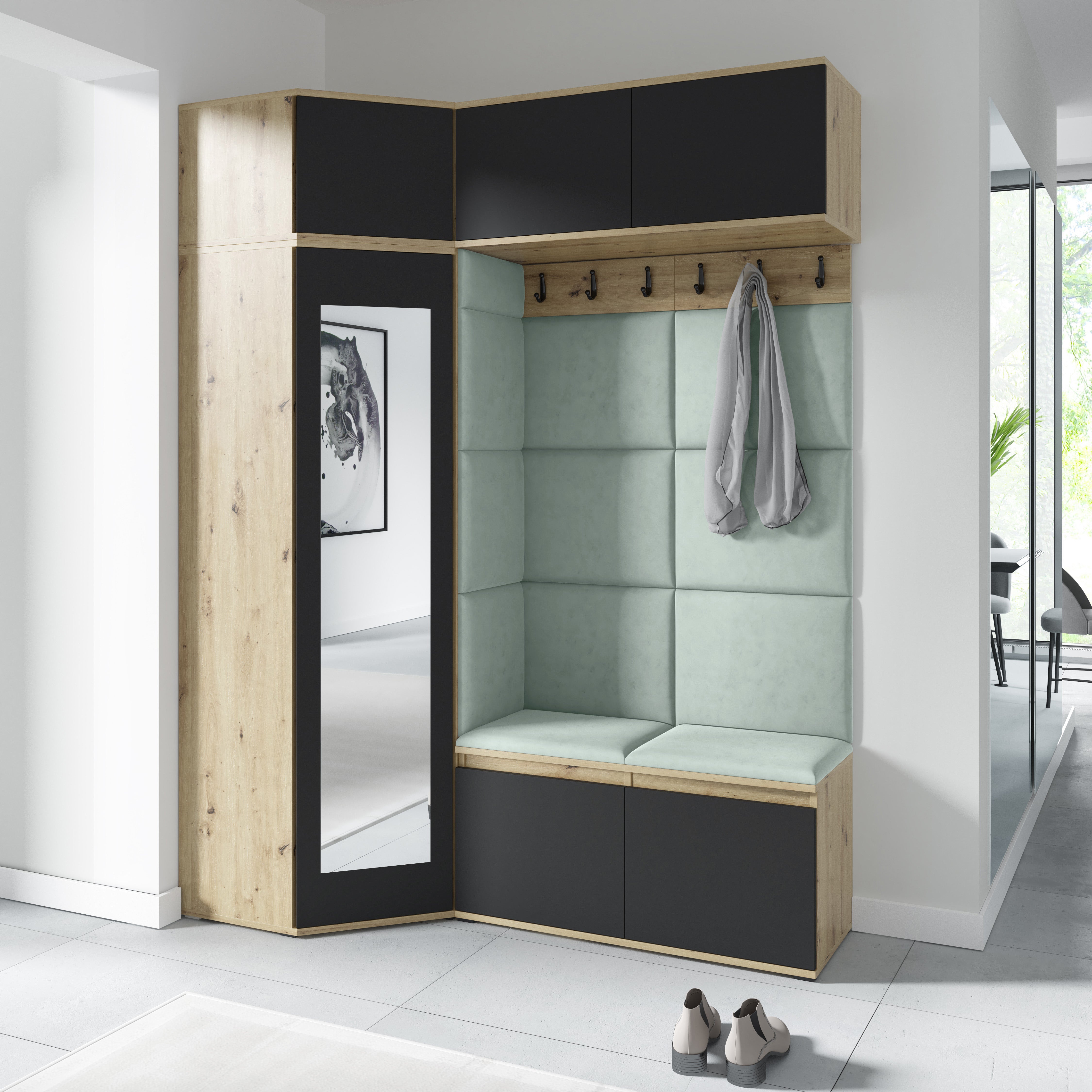 Emi 38 Hallway Wardrobe Set with Upholstered Panels – Artisan Oak / Black