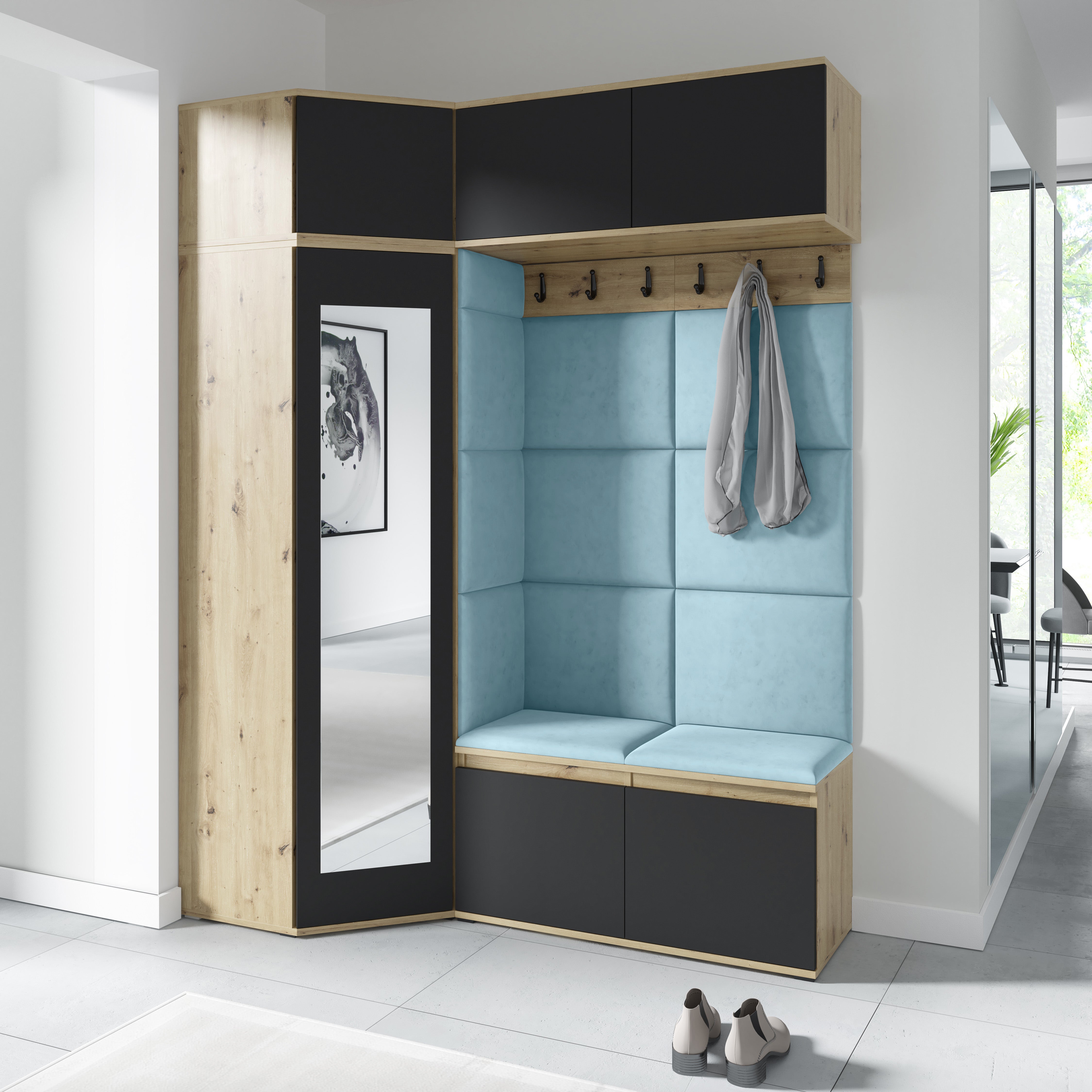 Emi 38 Hallway Wardrobe Set with Upholstered Panels – Artisan Oak / Black