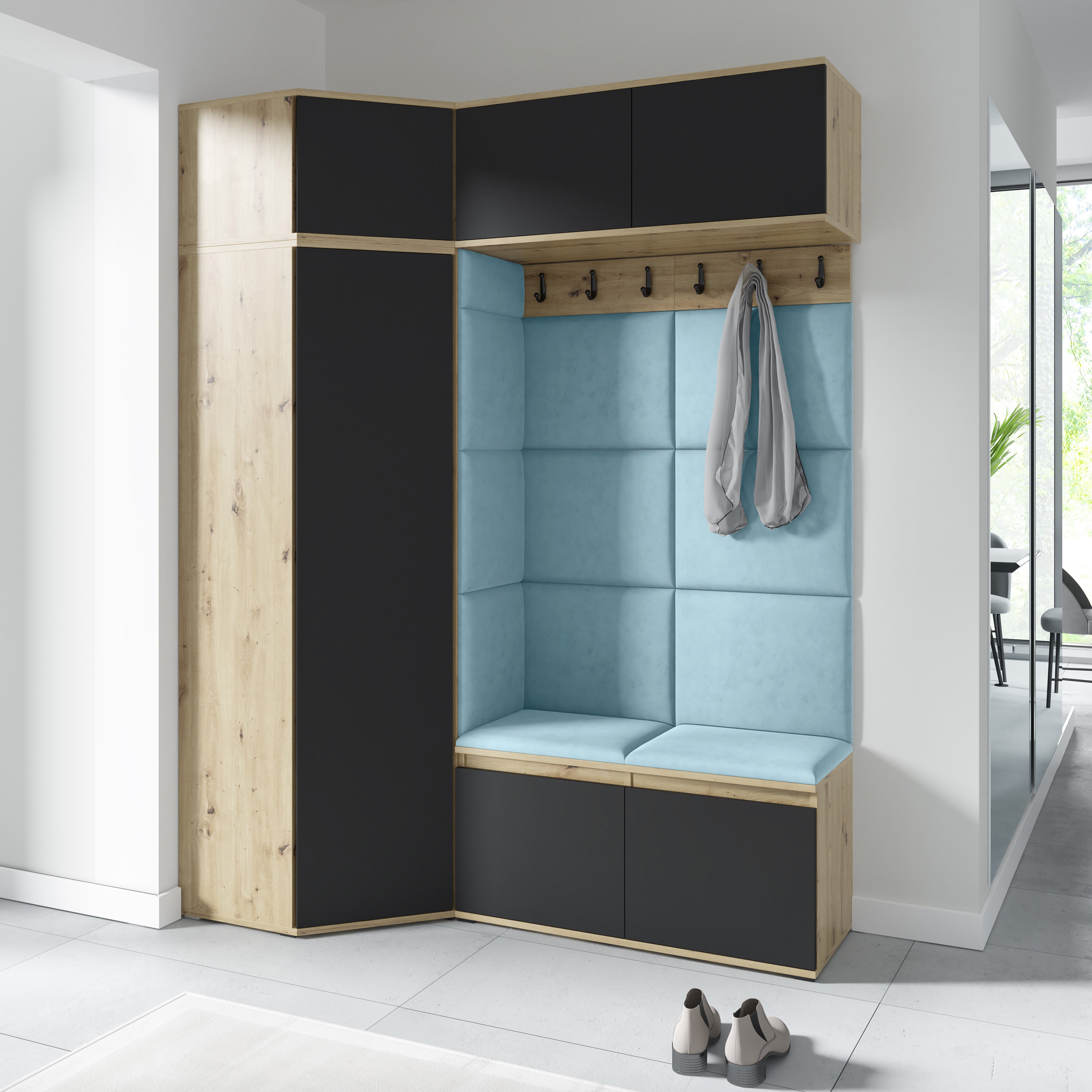 Emi 38 Hallway Wardrobe Set with Upholstered Panels – Artisan Oak / Black