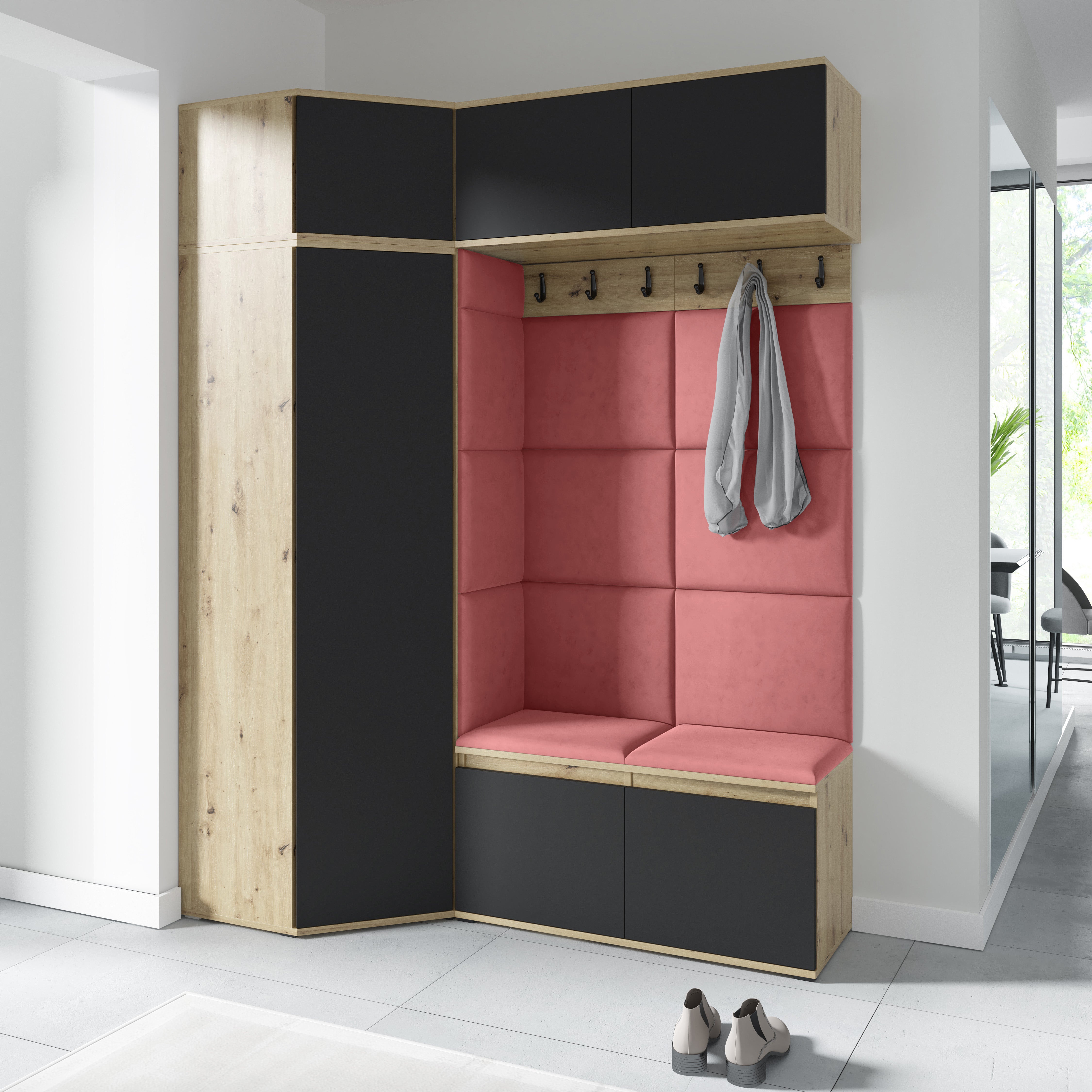 Emi 38 Hallway Wardrobe Set with Upholstered Panels – Artisan Oak / Black
