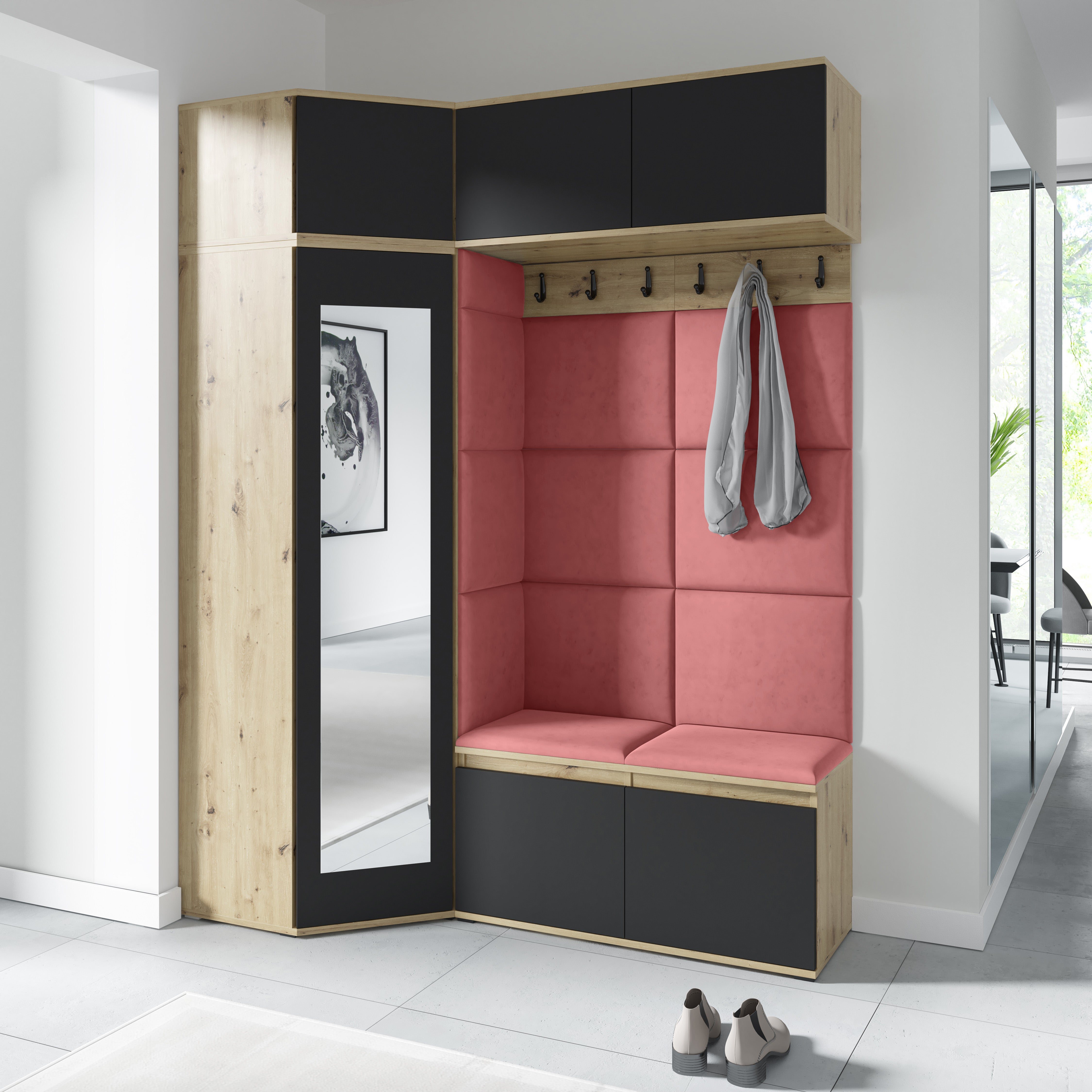 Emi 38 Hallway Wardrobe Set with Upholstered Panels – Artisan Oak / Black