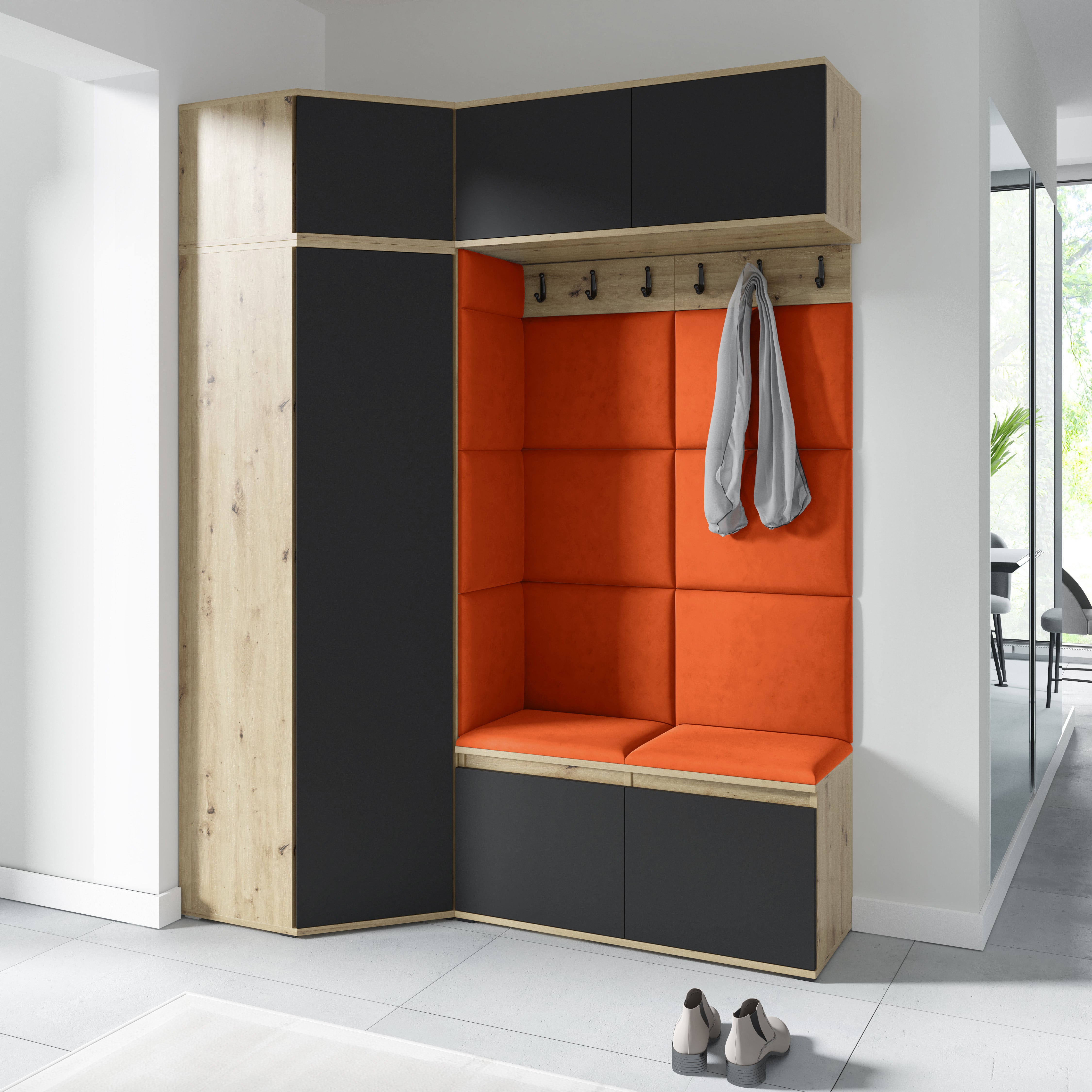 Emi 38 Hallway Wardrobe Set with Upholstered Panels – Artisan Oak / Black