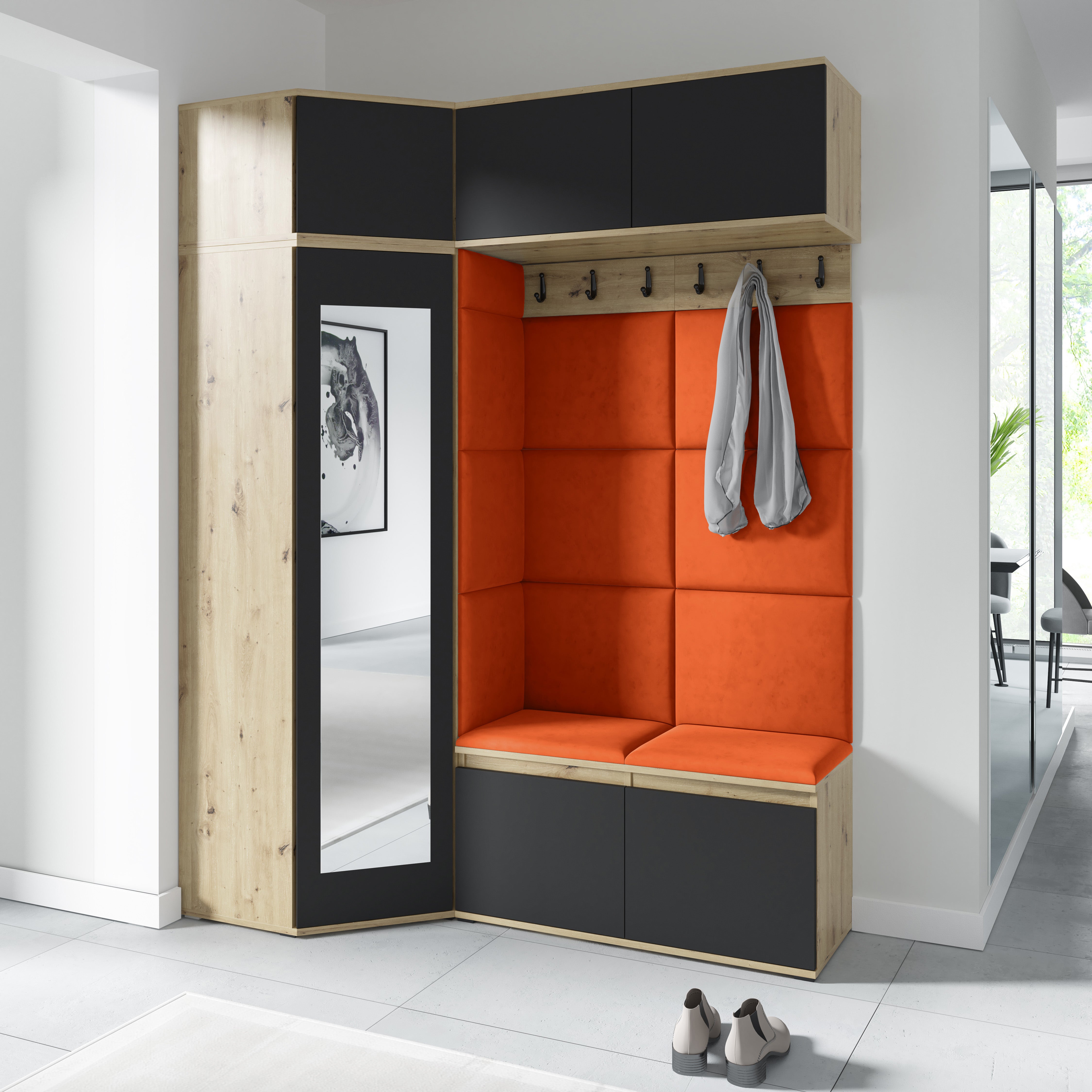 Emi 38 Hallway Wardrobe Set with Upholstered Panels – Artisan Oak / Black