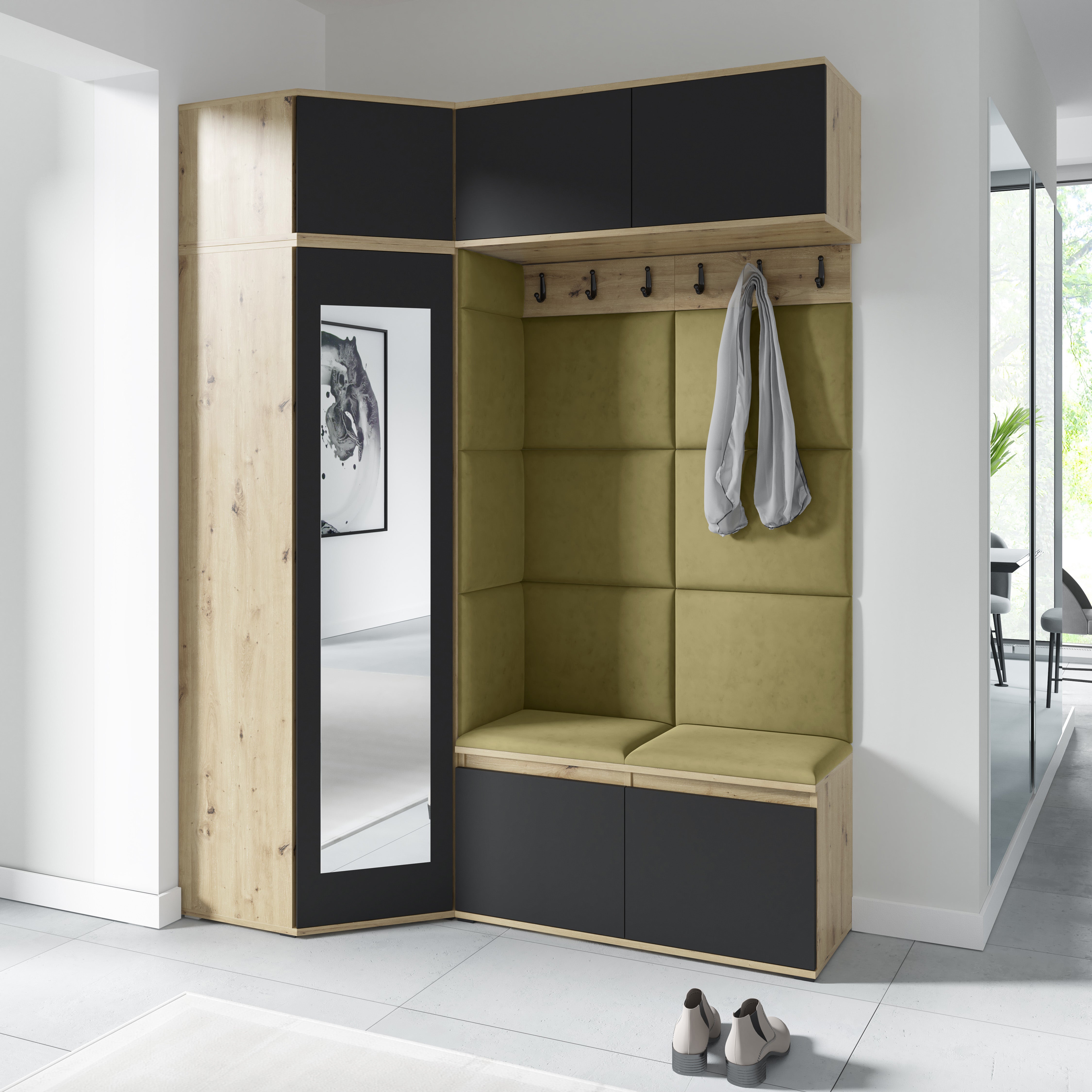 Emi 38 Hallway Wardrobe Set with Upholstered Panels – Artisan Oak / Black