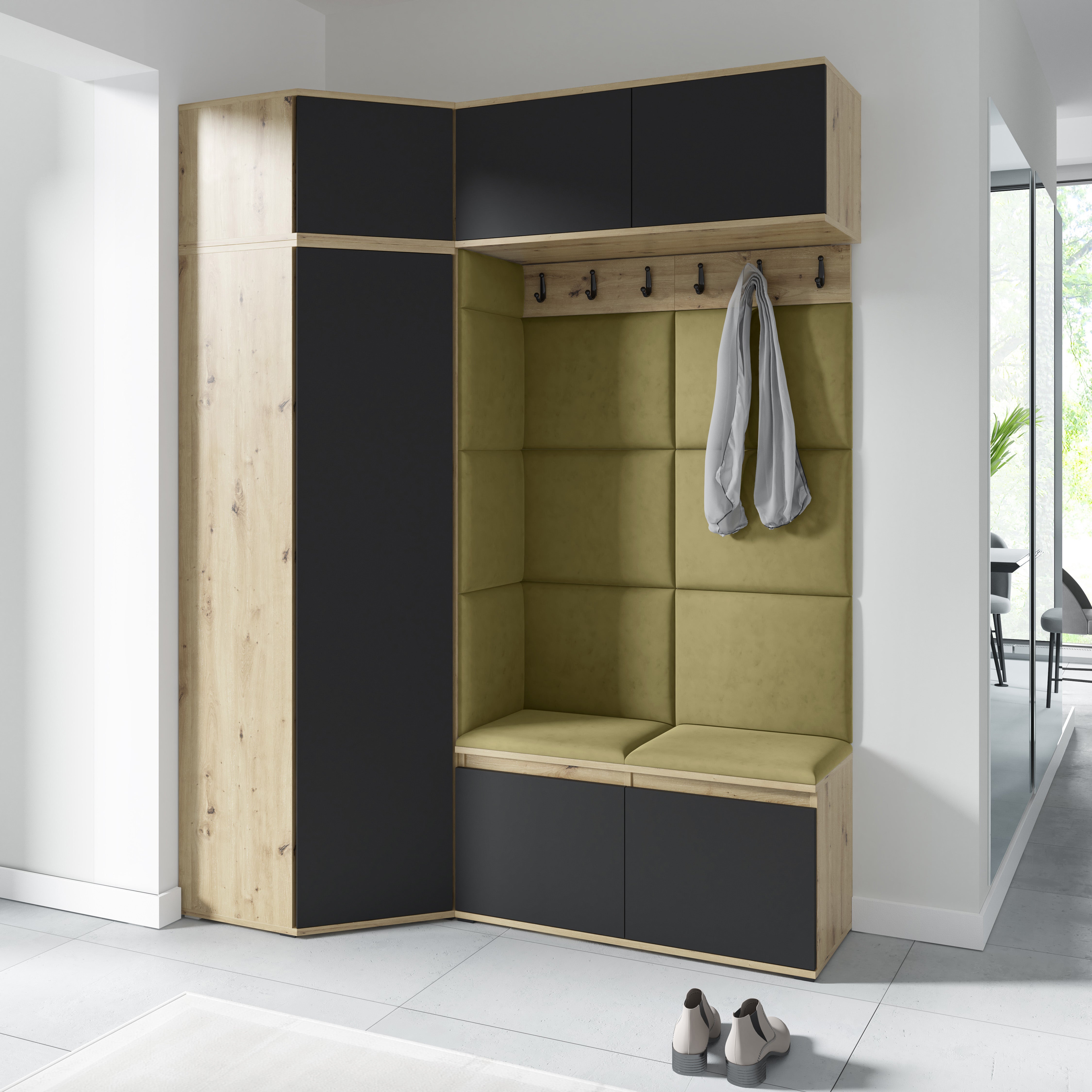 Emi 38 Hallway Wardrobe Set with Upholstered Panels – Artisan Oak / Black