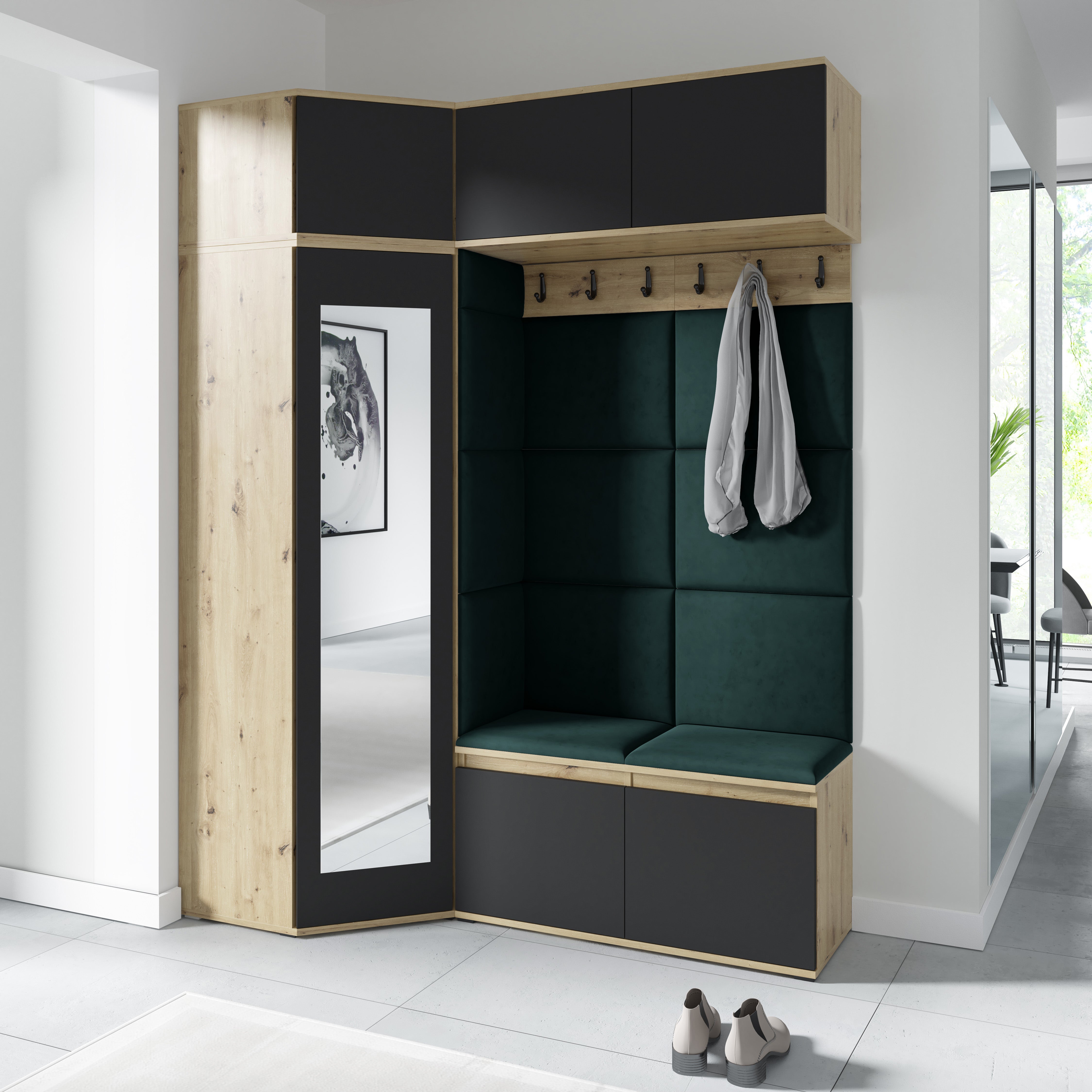 Emi 38 Hallway Wardrobe Set with Upholstered Panels – Artisan Oak / Black