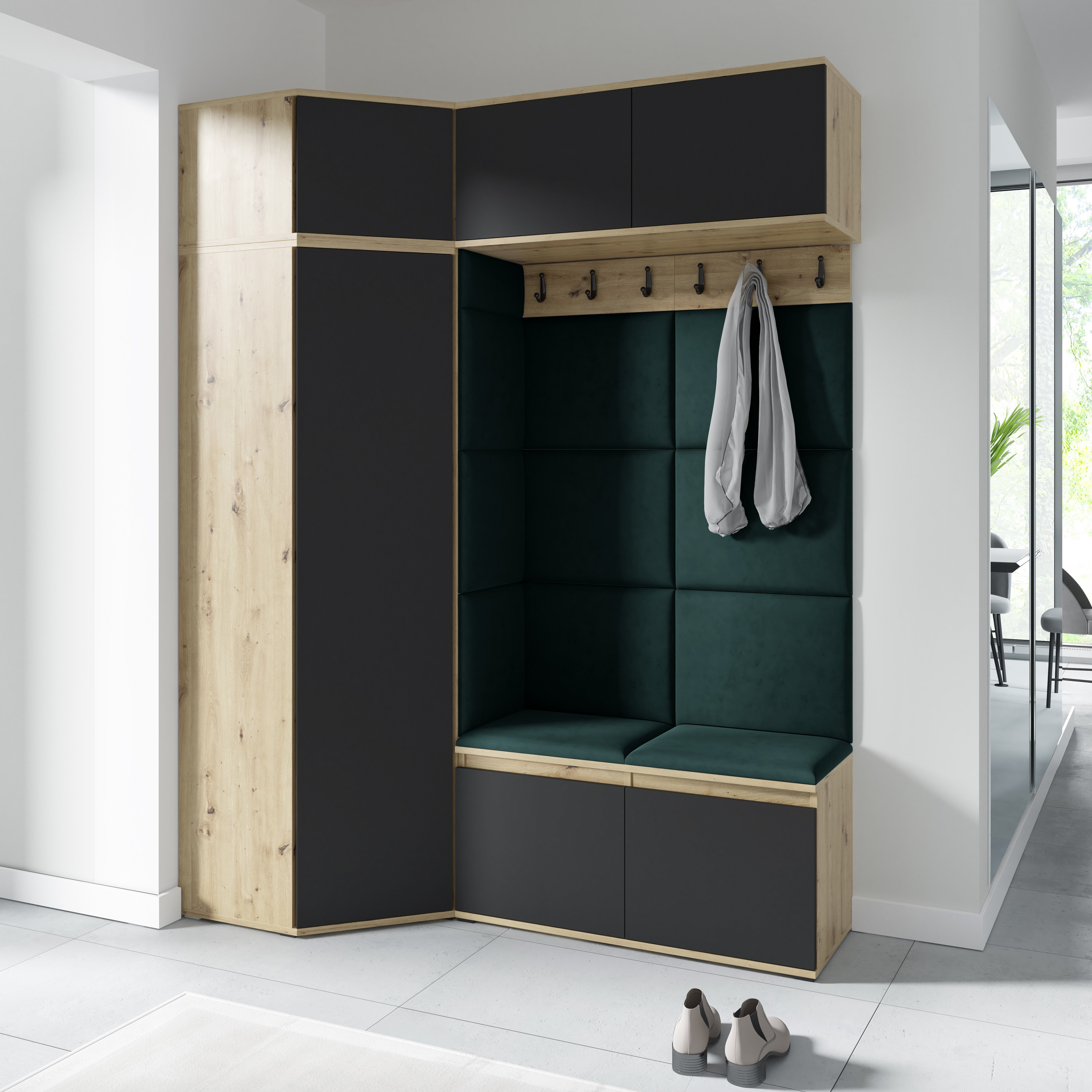 Emi 38 Hallway Wardrobe Set with Upholstered Panels – Artisan Oak / Black