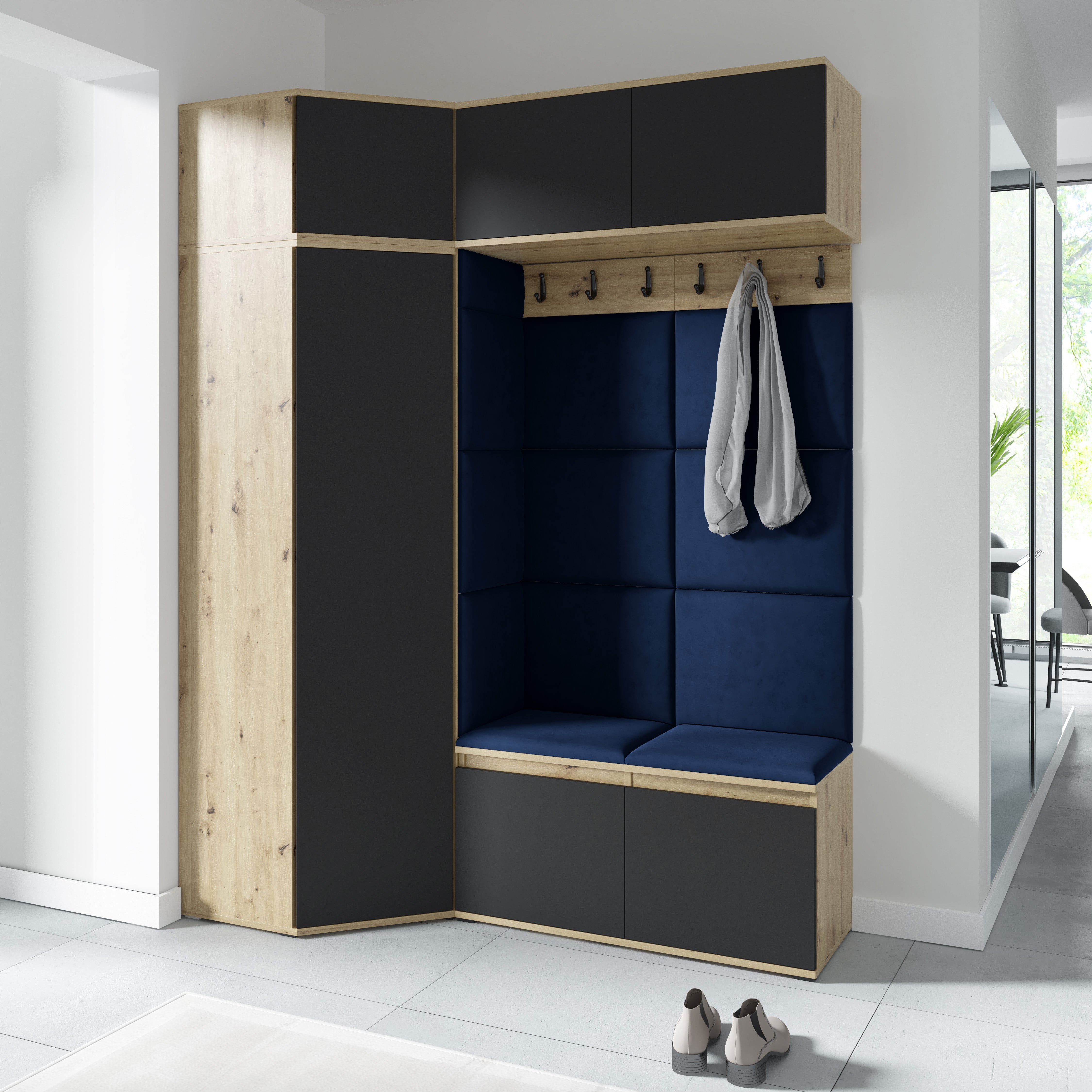 Emi 38 Hallway Wardrobe Set with Upholstered Panels – Artisan Oak / Black