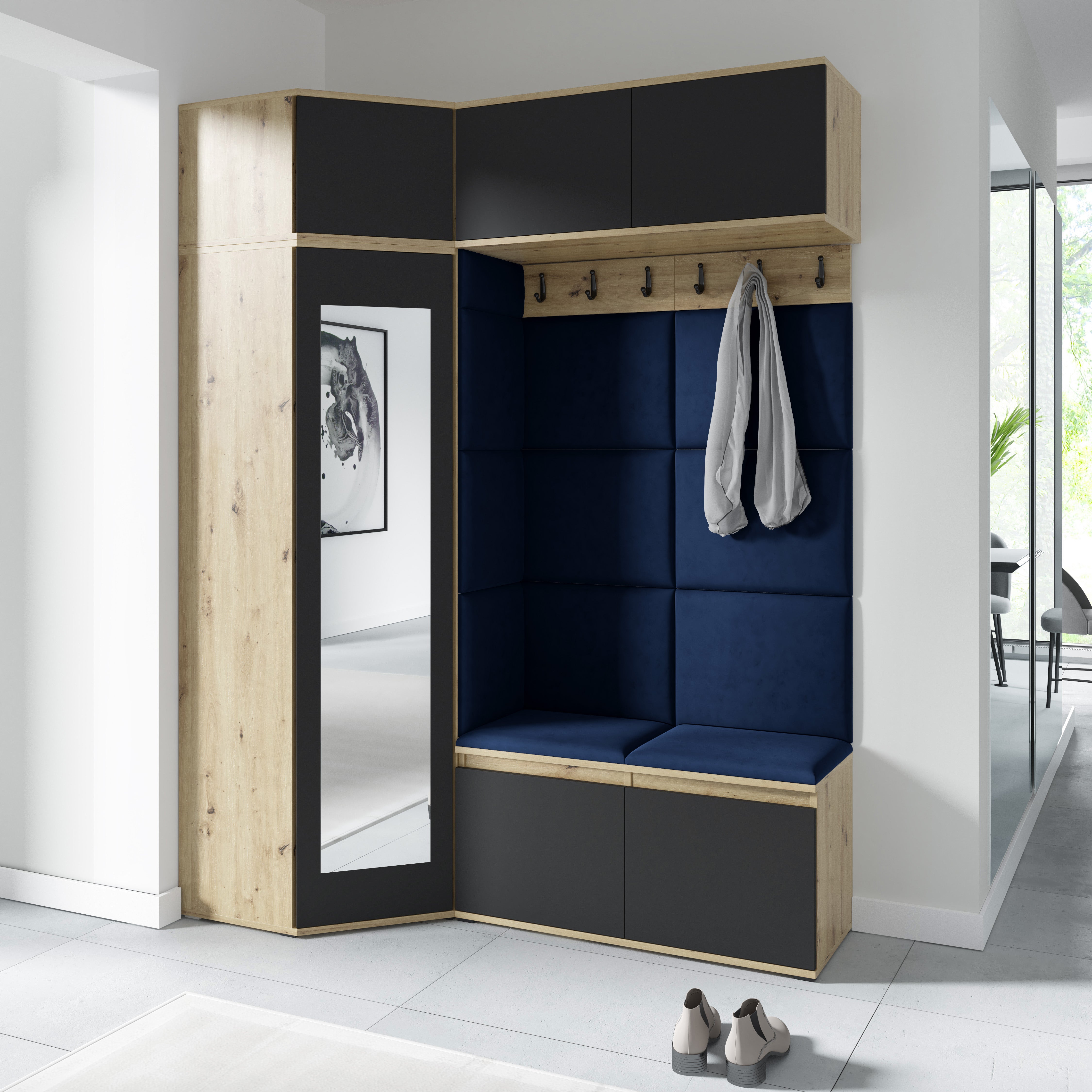 Emi 38 Hallway Wardrobe Set with Upholstered Panels – Artisan Oak / Black
