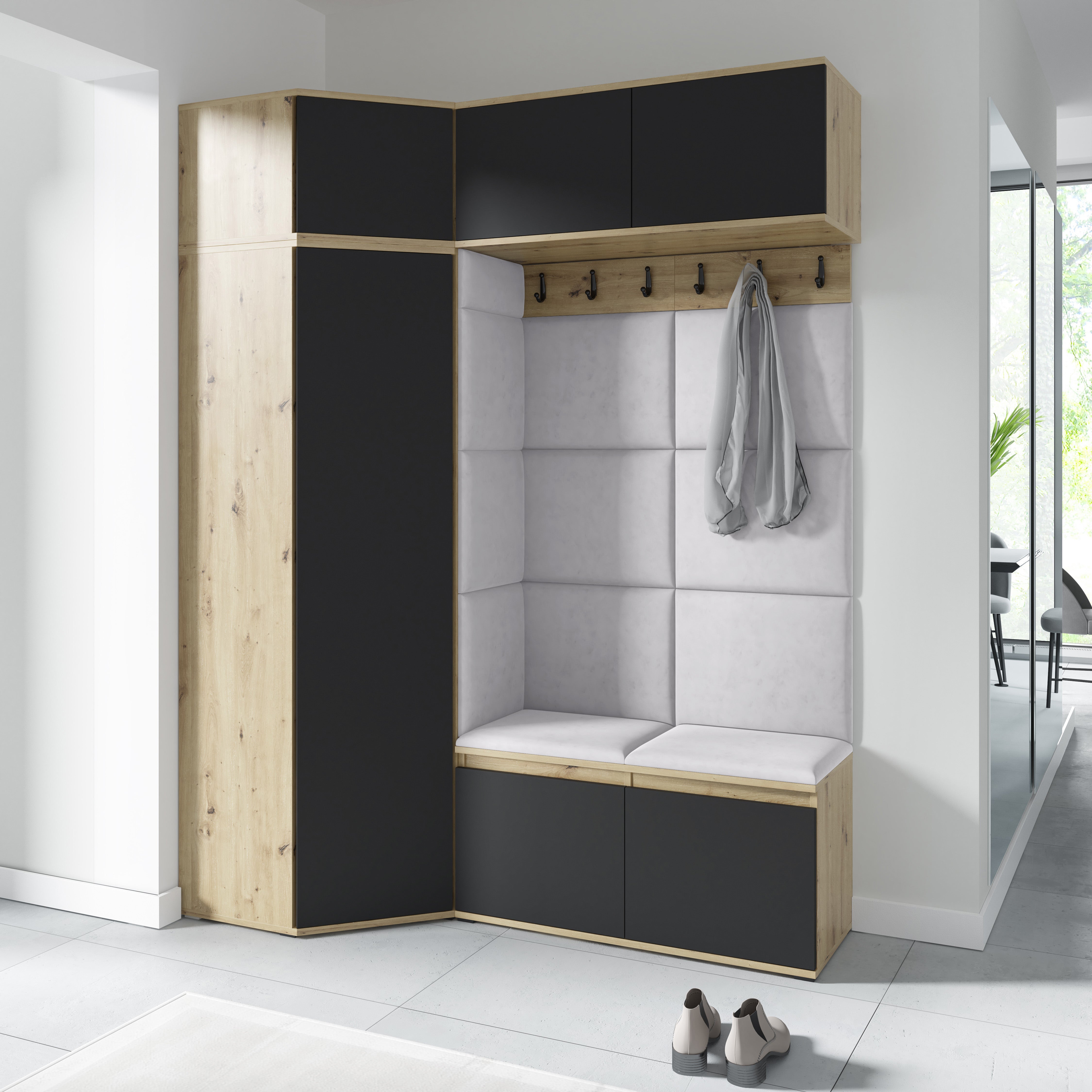 Emi 38 Hallway Wardrobe Set with Upholstered Panels – Artisan Oak / Black