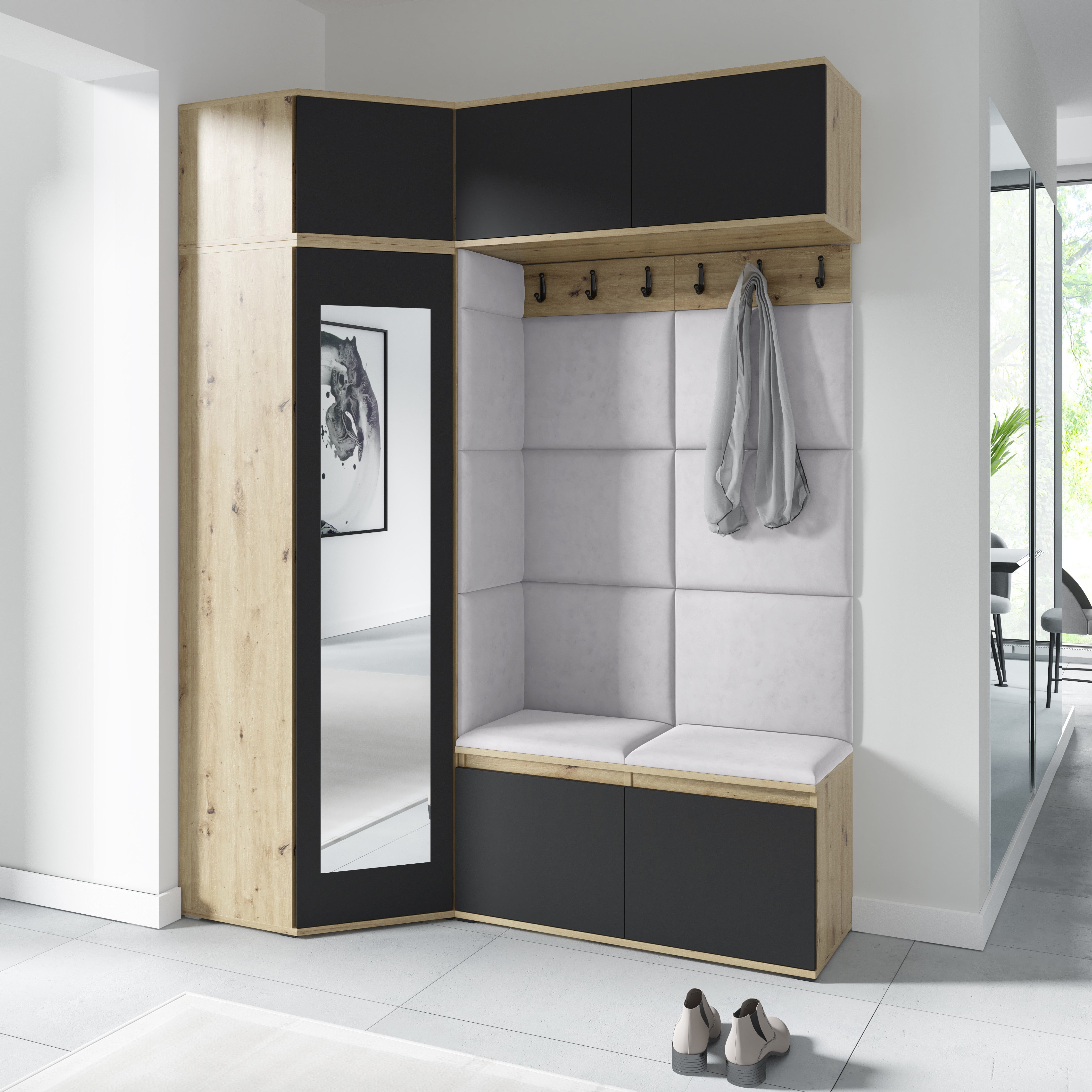 Emi 38 Hallway Wardrobe Set with Upholstered Panels – Artisan Oak / Black