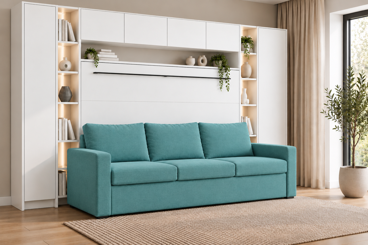 Genius Comfort Horizontal Murphy Bed with Sofa 140x200 cm – White Matt