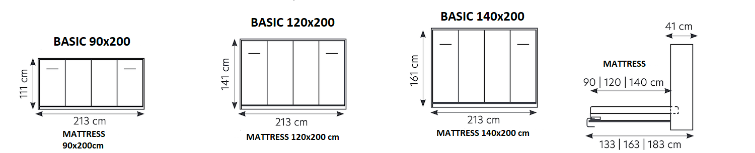Customizable Murphy Bed BASIC Horizontal  Furniture Set Black and Lancelot Oak 90, 120, 140 x 200 cm