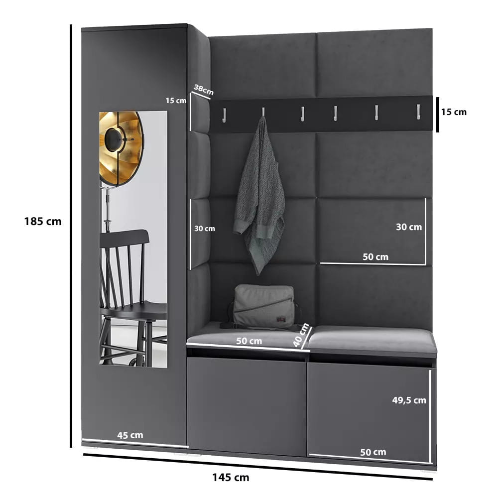 PK Emi 14 Hallway Wardrobe Artisan Oak / Black - Upholstered Panels in Various Colours