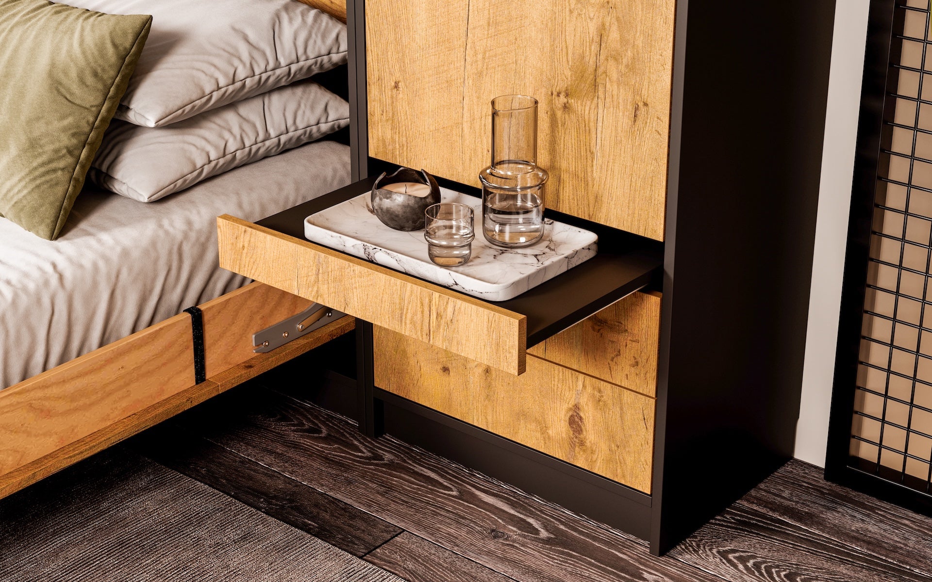 Customizable Murphy Bed Basic Vertical Furniture Set Black and Lancelot Oak 90, 120, 140 x 200 cm