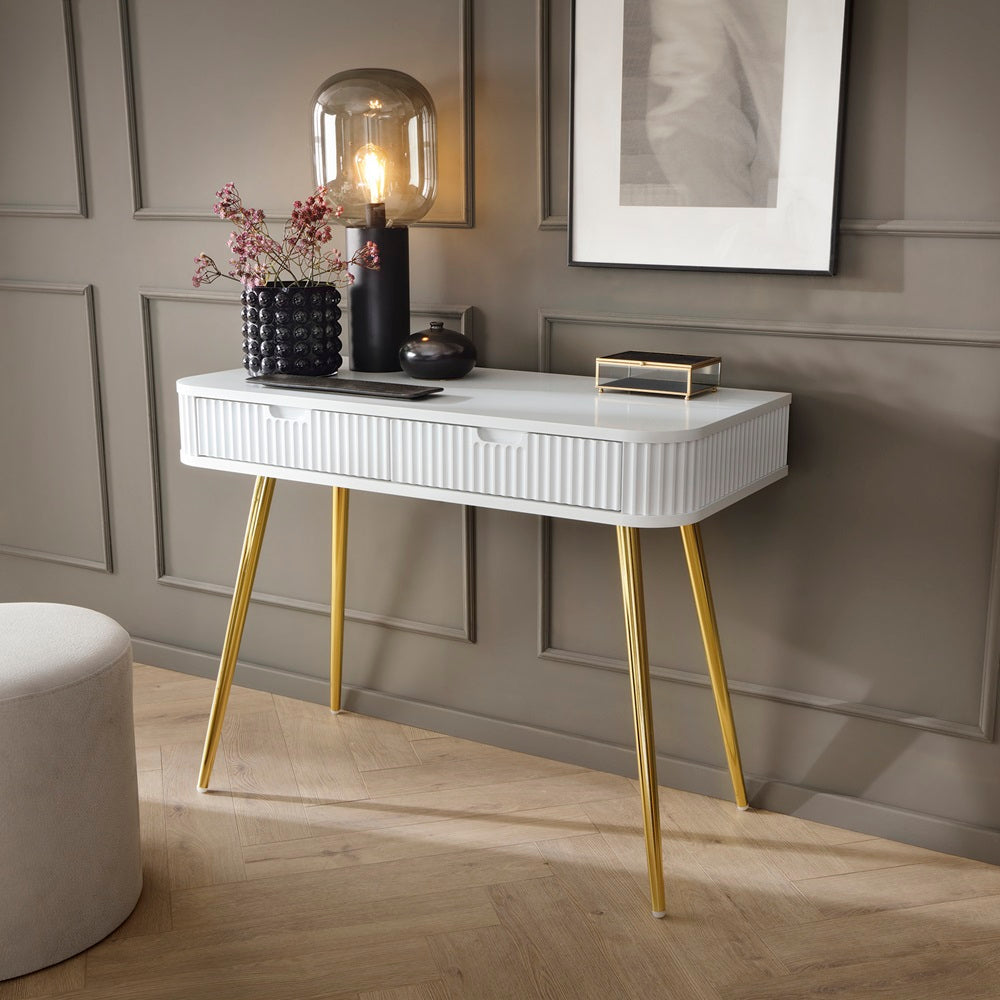 ZOVA Chest of Drawers - Modern Vanity with Two Drawers and Grooved Fronts #color_White with gold legs