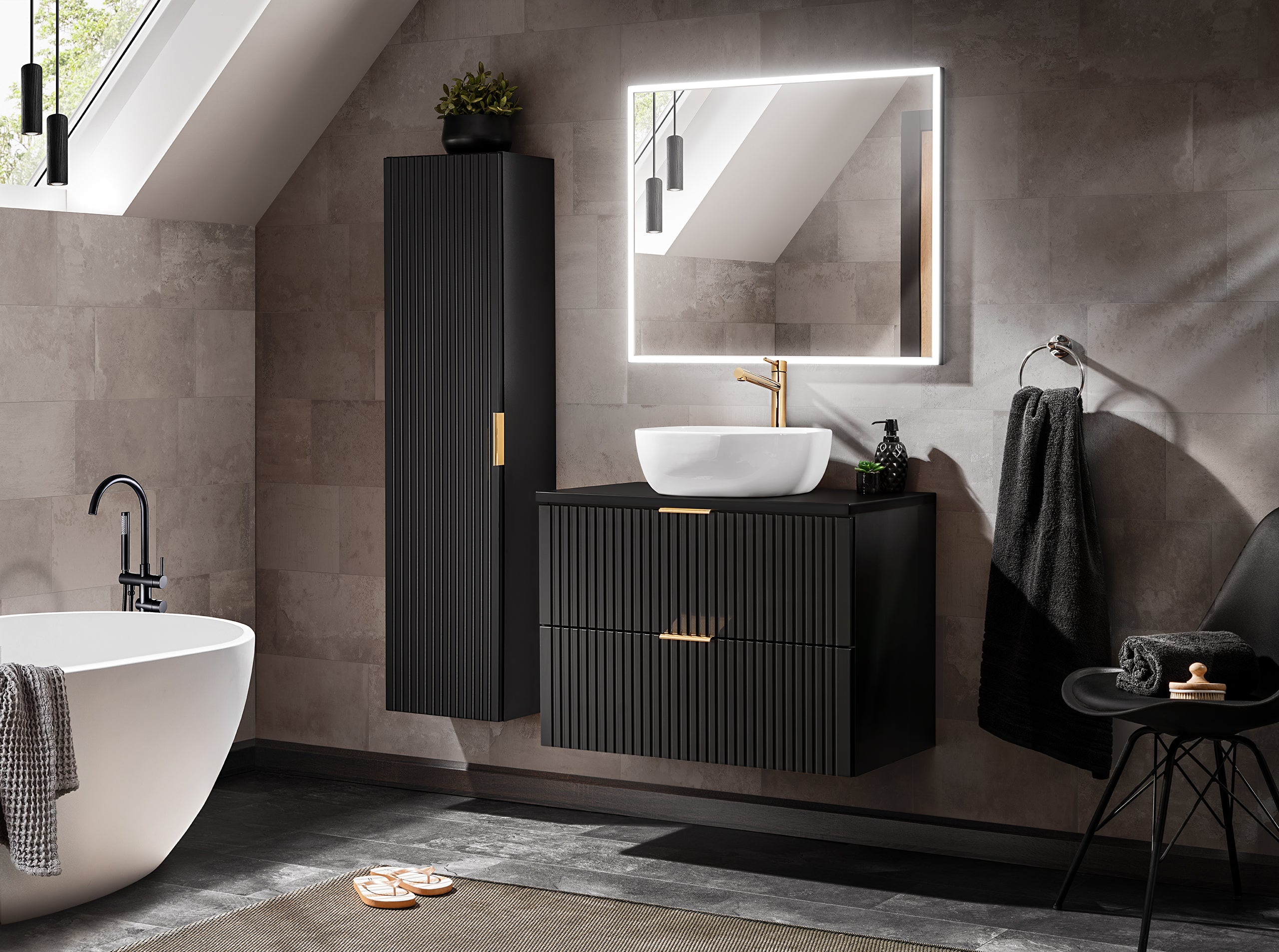 Adel Black Bathroom with High Cabinet Smile 80 cm SET-ADB B