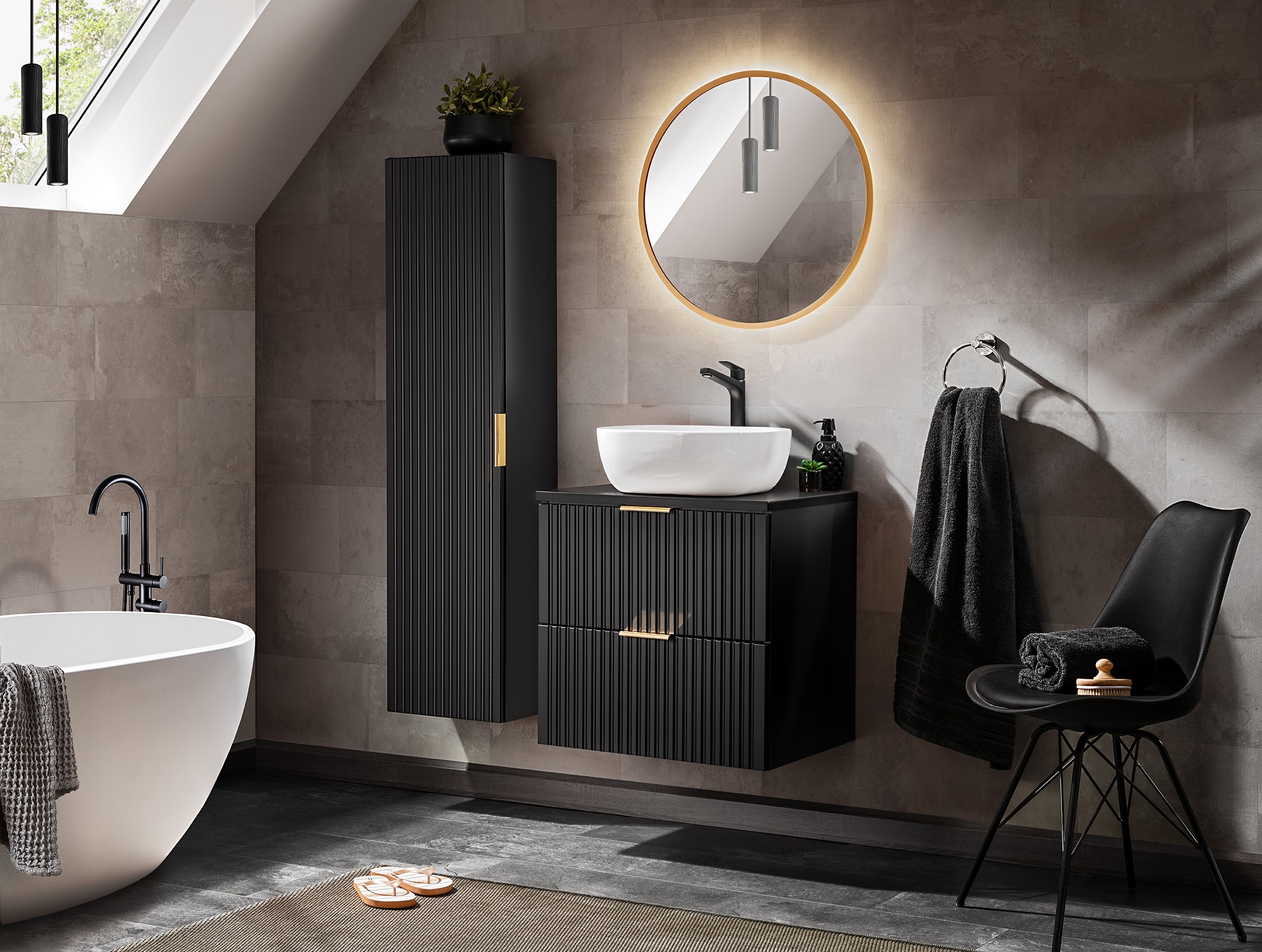 Adel Black Bathroom with High Cabinet Smile 60 cm SET-ADB B