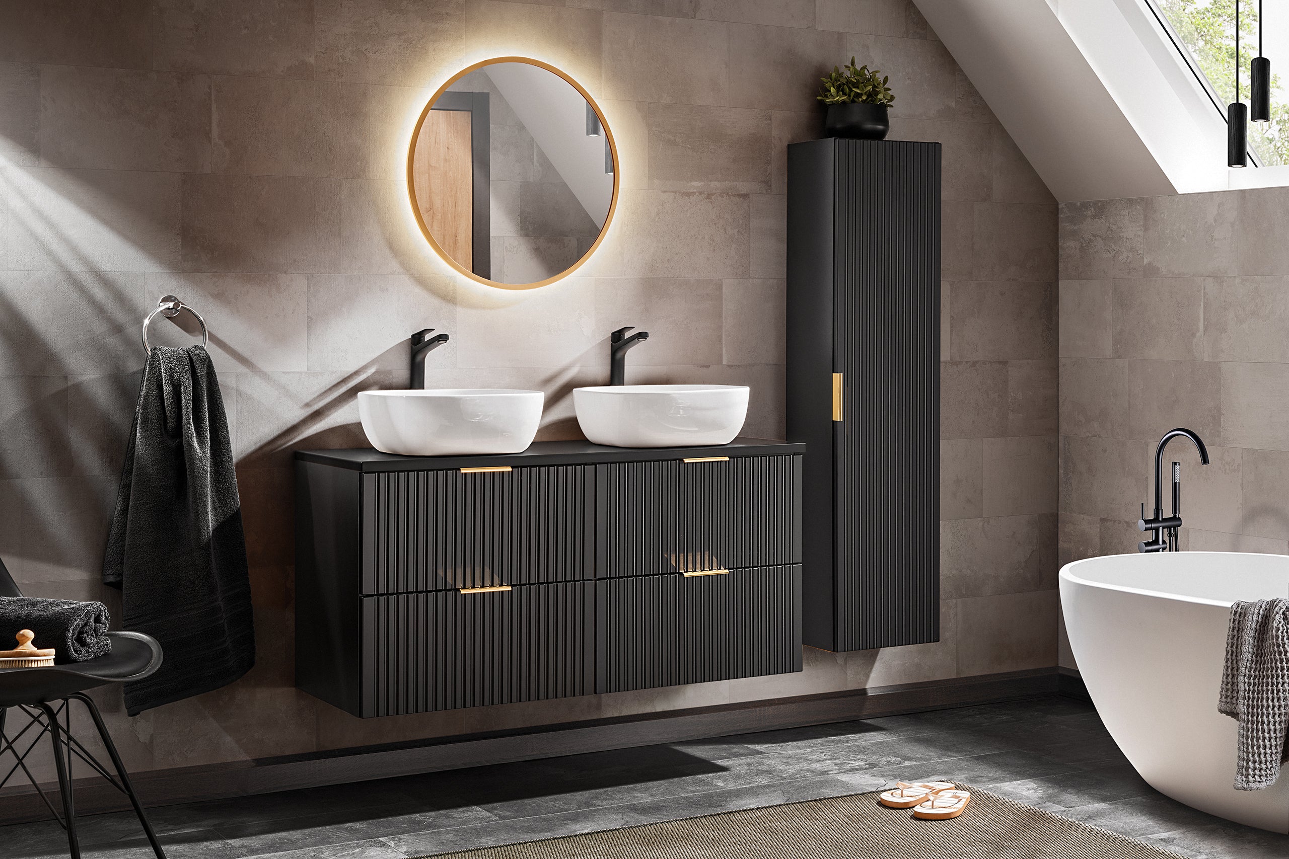 Adel Black Bathroom with High Cabinet Smile 120 cm SET-ADB B