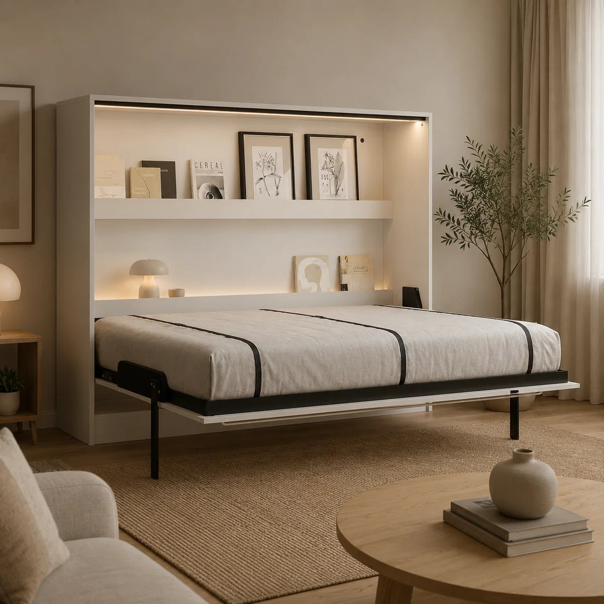 Customizable Genius COMFORT Horizontal Murphy Bed Furniture Set 120 × 200 cm – Cashmere