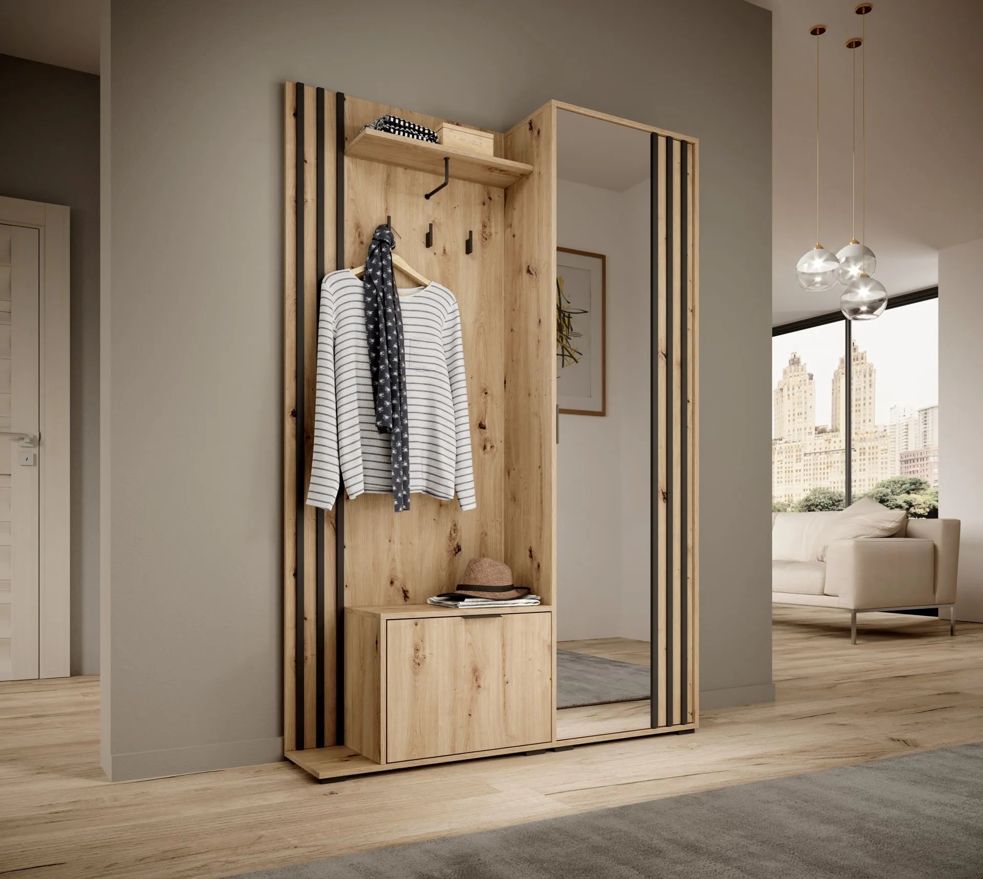 Nelly Hallway Wardrobe - Artisan Oak / Black Slat / Mirror