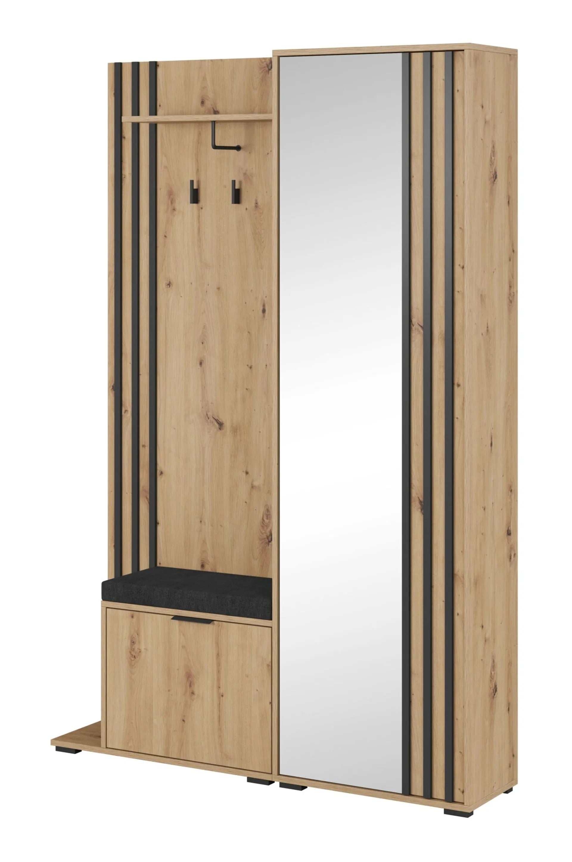 Nelly Hallway Wardrobe – Artisan Oak / Black Slats / Mirror with Cushion