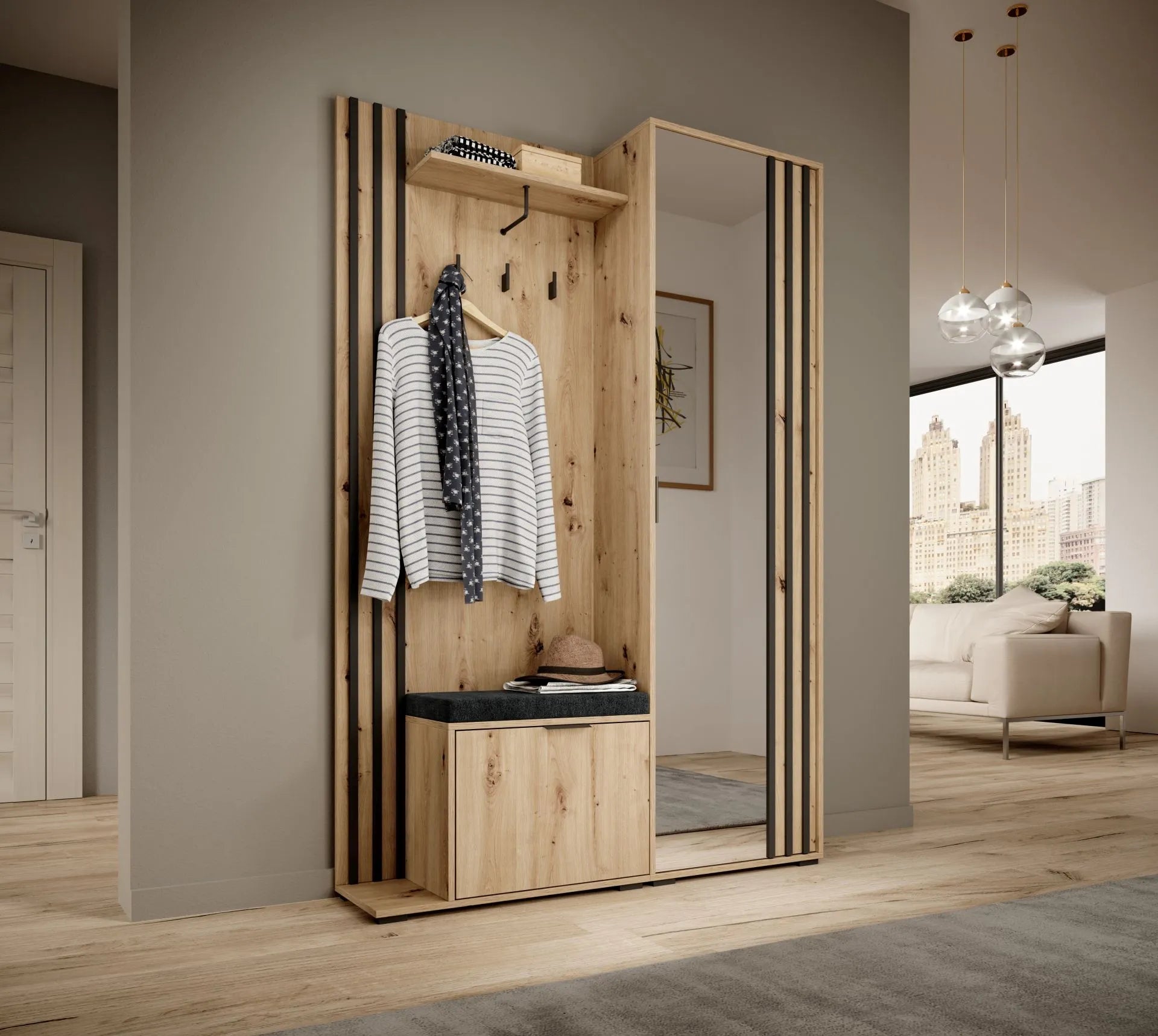 Nelly Hallway Wardrobe – Artisan Oak / Black Slats / Mirror with Cushion