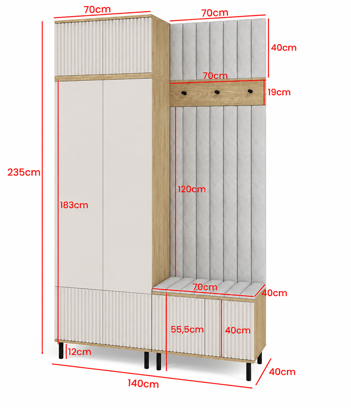 Bello Hallway Wardrobe Set 4 – Choose Leg Height, Mirror & Panel Colour | Cashmere & Cremona Oak