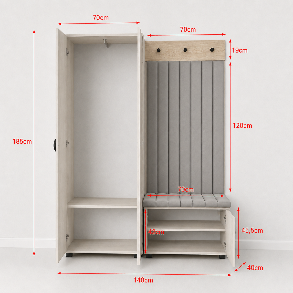 Bello Hallway Wardrobe Set 1 – Choose Leg Height, Mirror & Panel Colour | Cashmere & Cremona Oak