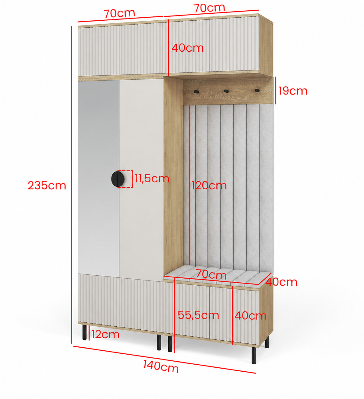 Bello Hallway Wardrobe Set 2 – Choose Leg Height, Mirror & Panel Colour | Cashmere & Cremona Oak