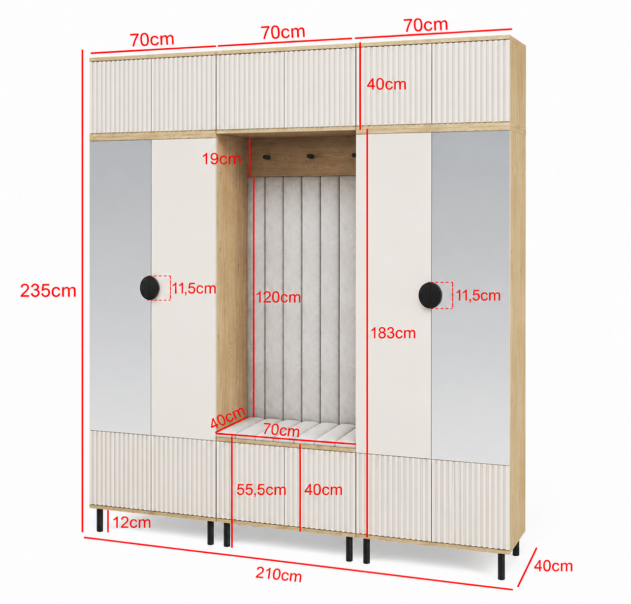 Bello Hallway Wardrobe Set 3 – Choose Leg Height, Mirror & Panel Colour | Cashmere & Cremona Oak