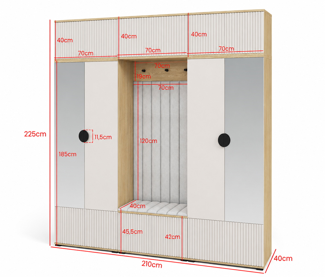Bello Hallway Wardrobe Set 3 – Choose Leg Height, Mirror & Panel Colour | Cashmere & Cremona Oak