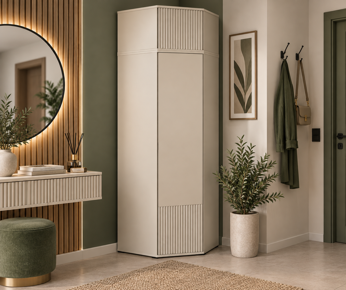 Rayo Corner Wardrobe with Top Cabinet – Cashmere, 70 cm