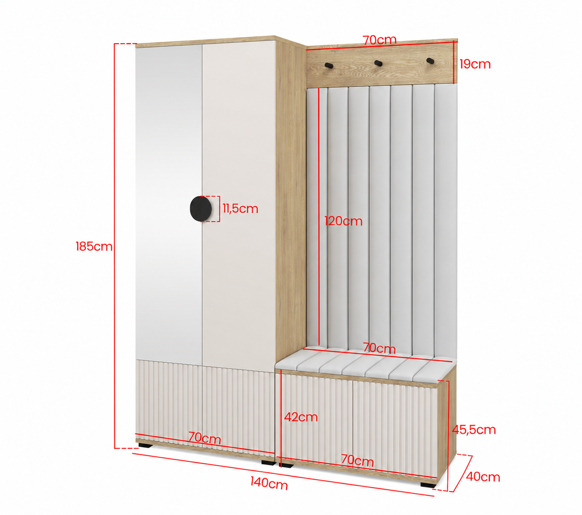 Bello Hallway Wardrobe Set 1 – Choose Leg Height, Mirror & Panel Colour | Cashmere & Cremona Oak